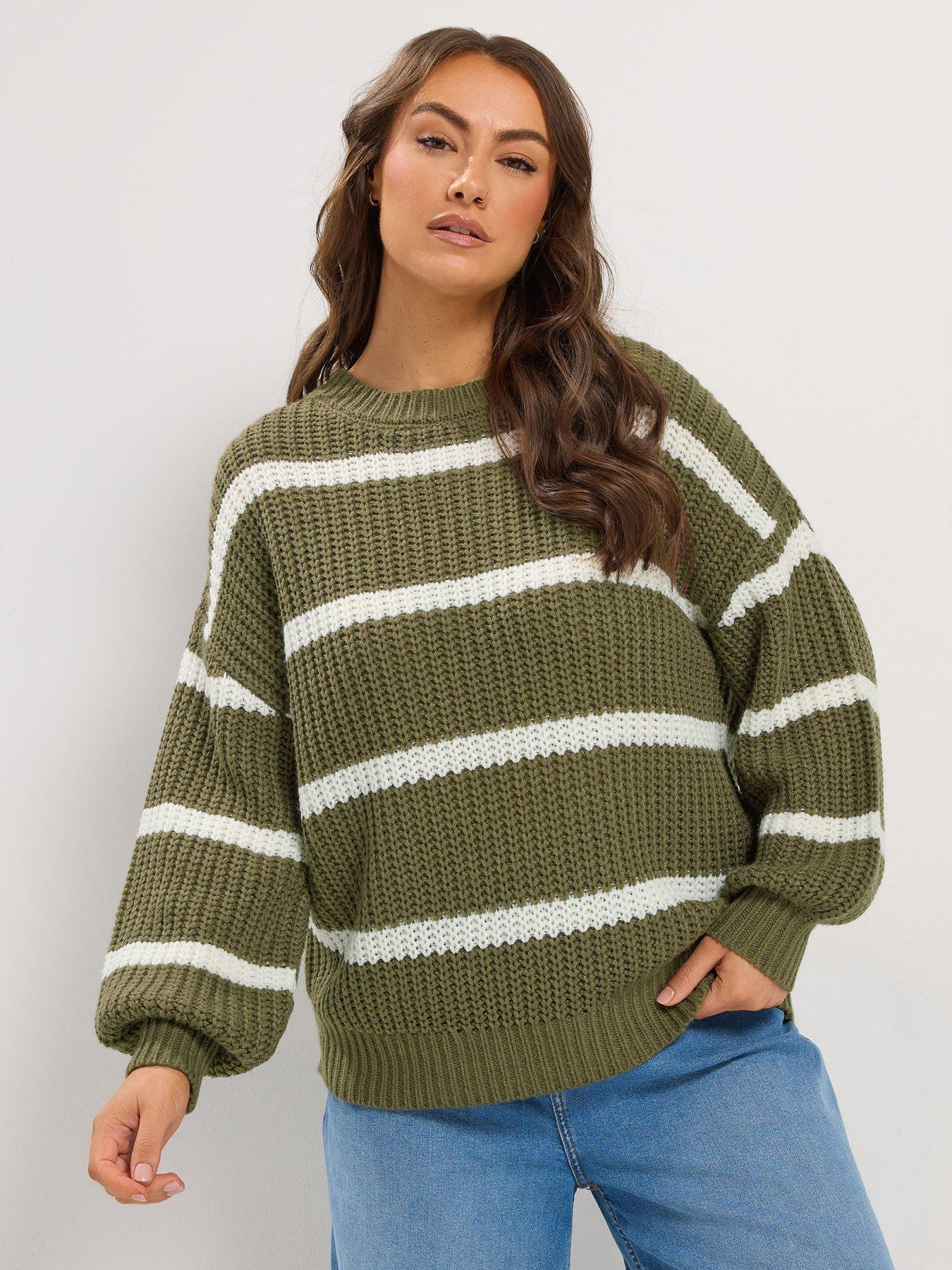 Yours Curve Chunky Waffle Stripe Jumper - Green