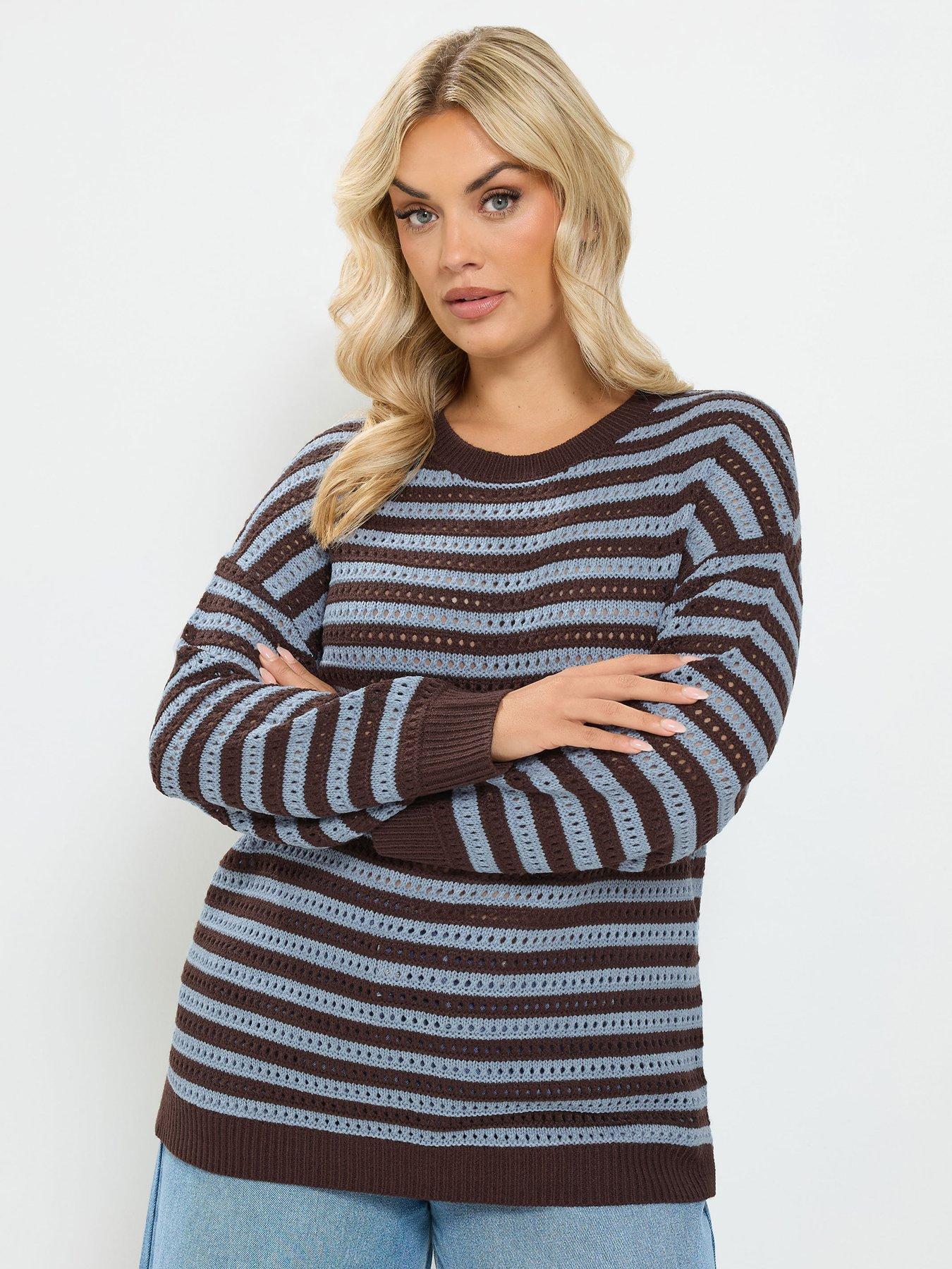 Yours Womens Curve Stripe Pointelle Crew Neck Jumper - Brown