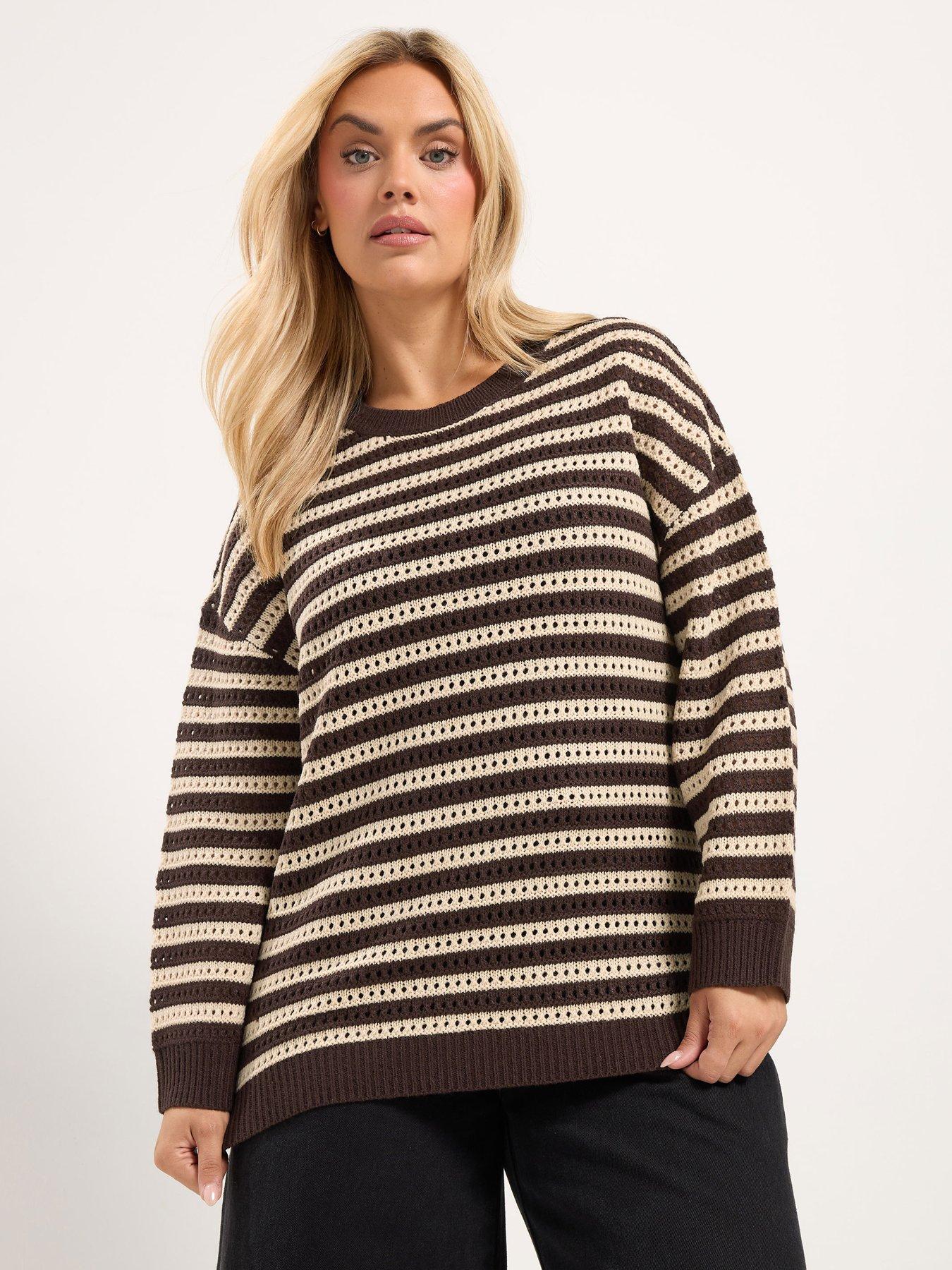 Yours Womens Curve Stripe Pointelle V-Neck Jumper - Brown