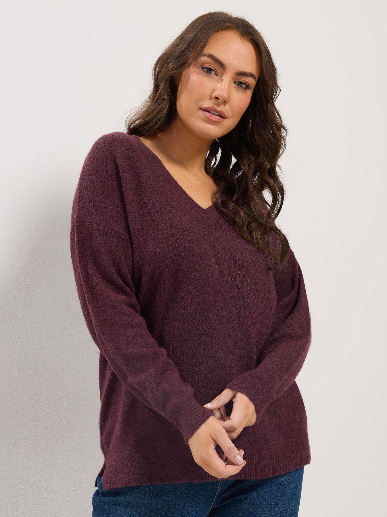 Image 1 of 4 of Yours Curve V Neck Soft Touch Jumper - Burgundy