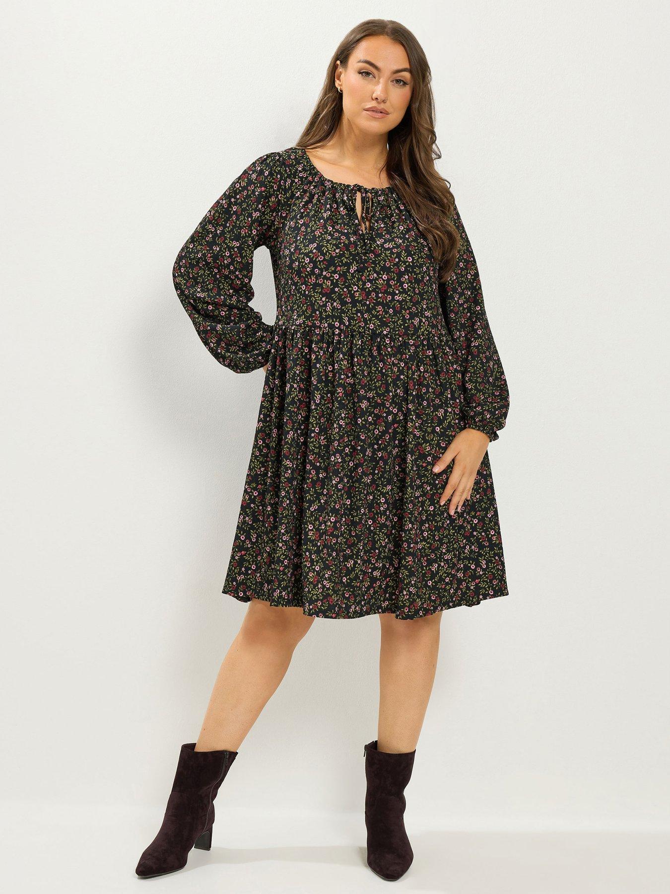 Image 1 of 4 of Yours Womens Curve Tie Neck Tiered Dress - Black