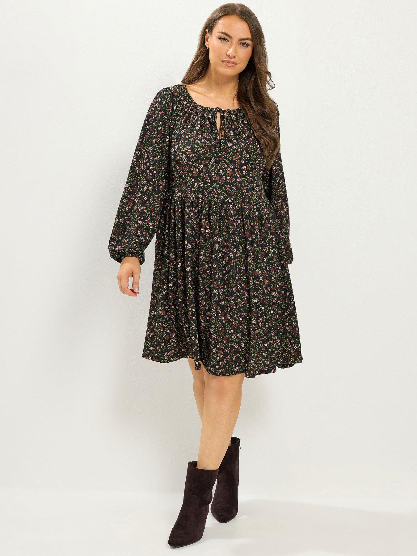 Image 3 of 4 of Yours Womens Curve Tie Neck Tiered Dress - Black