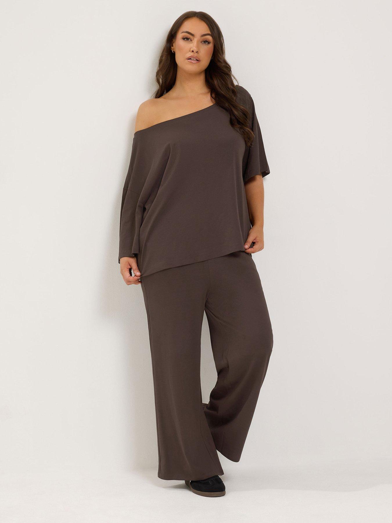Image 1 of 4 of Yours Curve Slash Neck T-Shirt &amp; Trouser Set - Brown