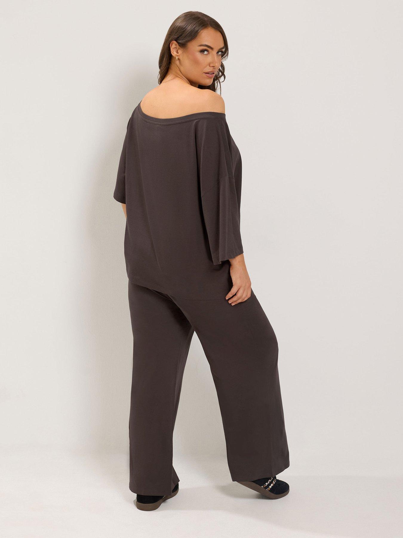 Image 2 of 4 of Yours Curve Slash Neck T-Shirt &amp; Trouser Set - Brown