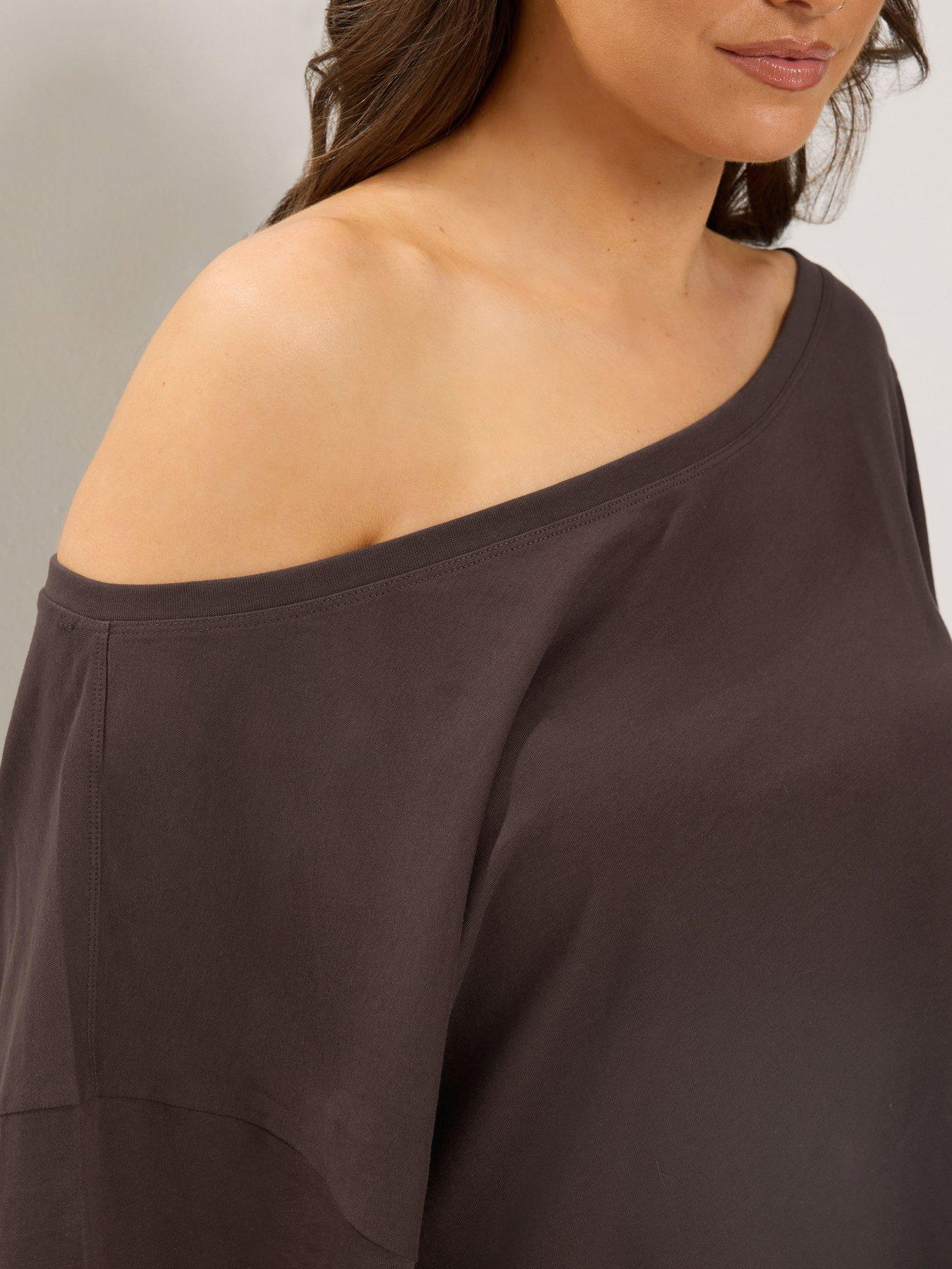Image 4 of 4 of Yours Curve Slash Neck T-Shirt &amp; Trouser Set - Brown