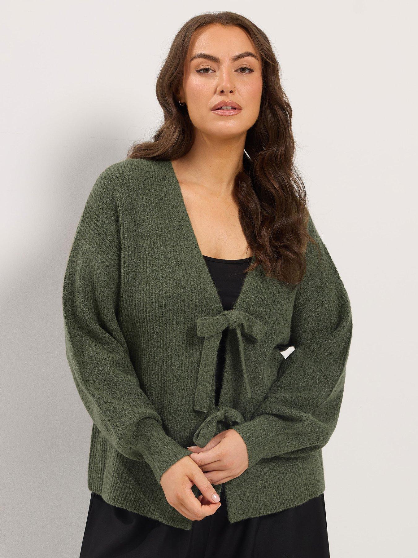 Image 1 of 4 of Yours Womens Curve Tie-Front V-Neck Cardigan - Green