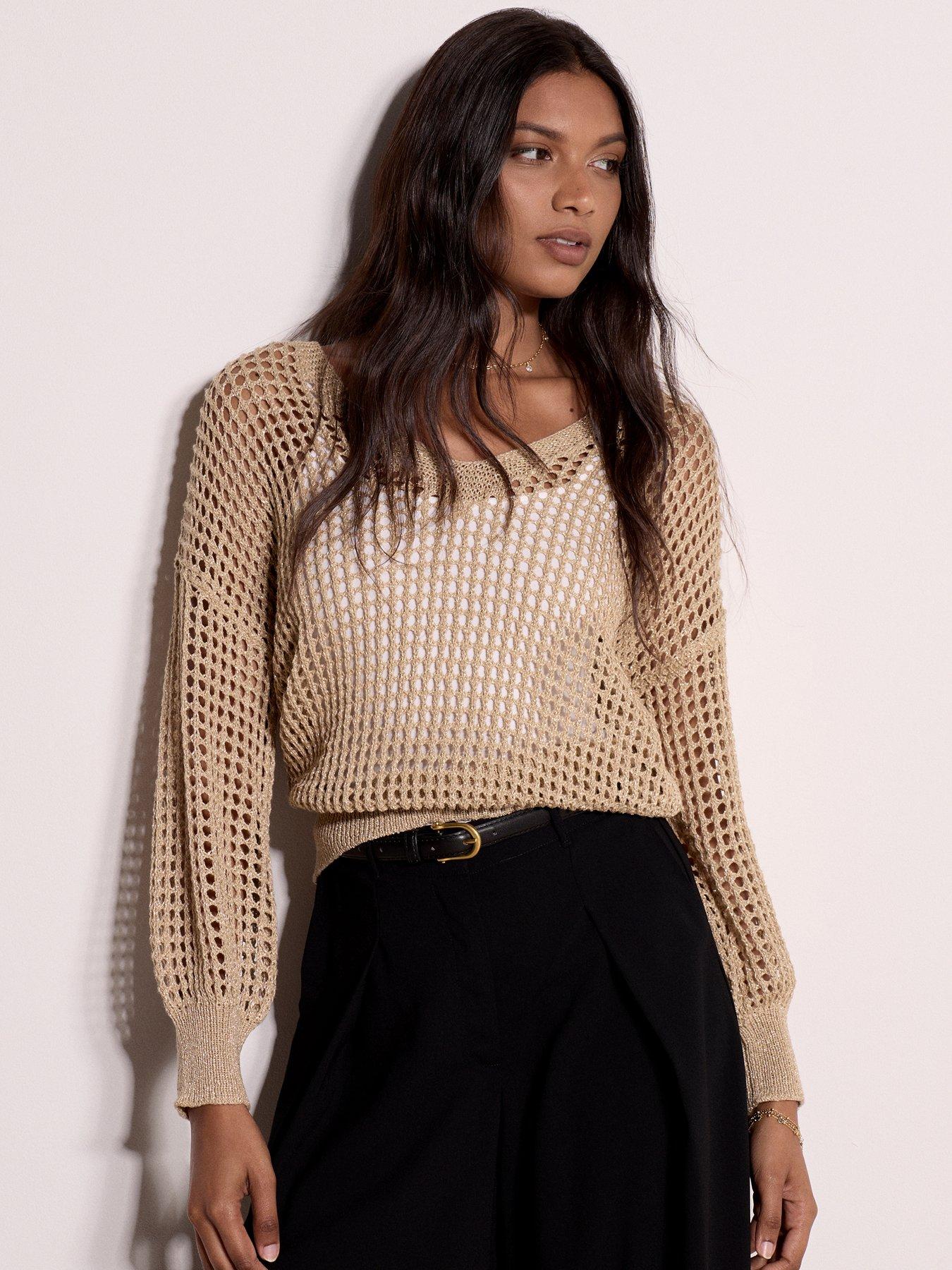 Apricot Apricot Lurex Mesh V Neck Slouchy Jumper