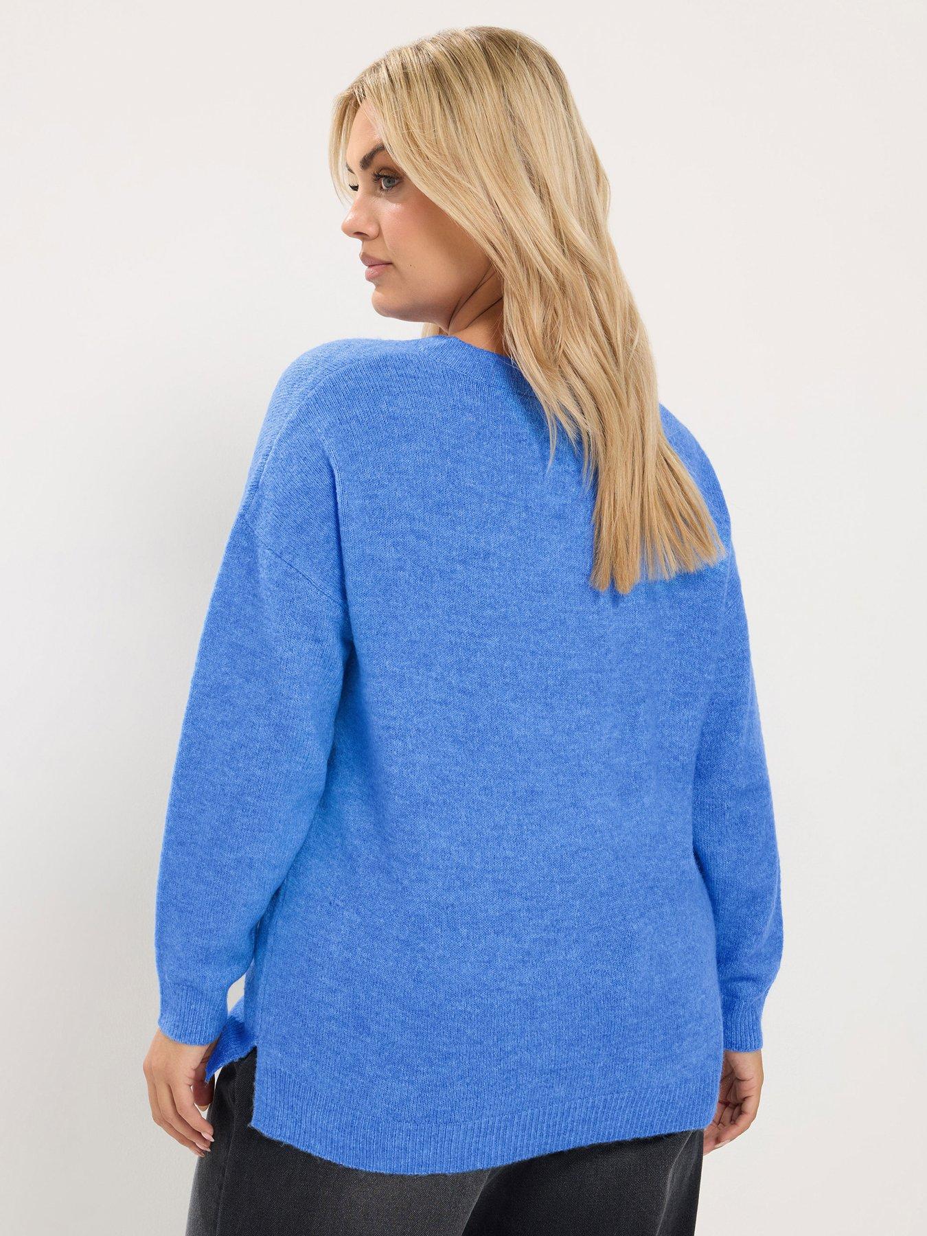 Image 2 of 4 of Yours Womens Plus Size V Neck Soft Touch Side Split Jumper - Blue
