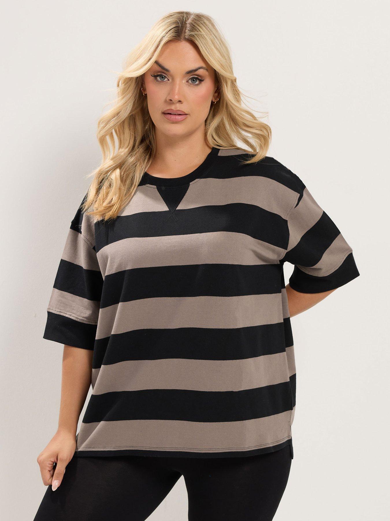 Image 1 of 4 of Yours Curve Stripe T-Shirt - Brown