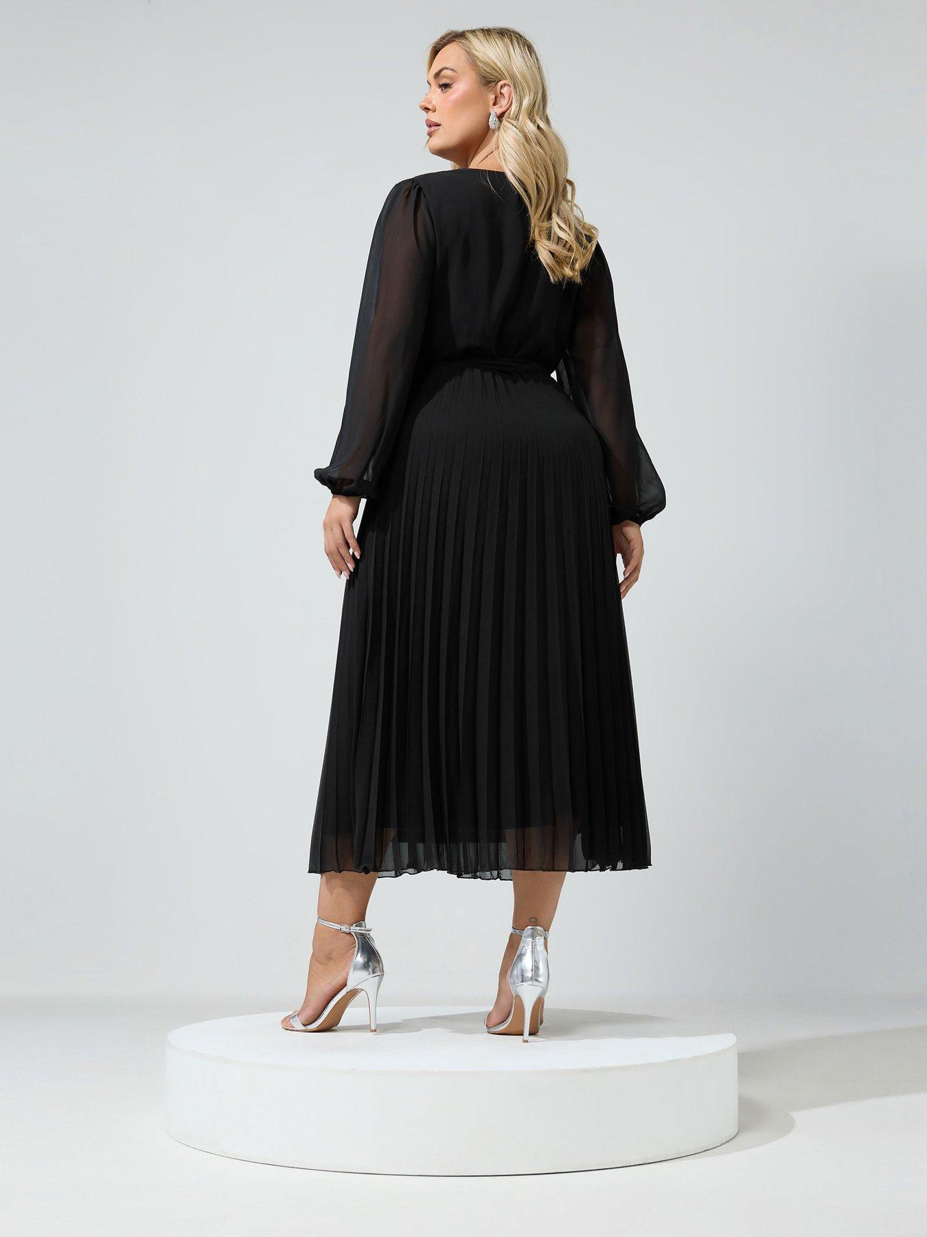 Image 2 of 4 of Yours Curve Pleated Long Sleeve Wrap Dress - Black