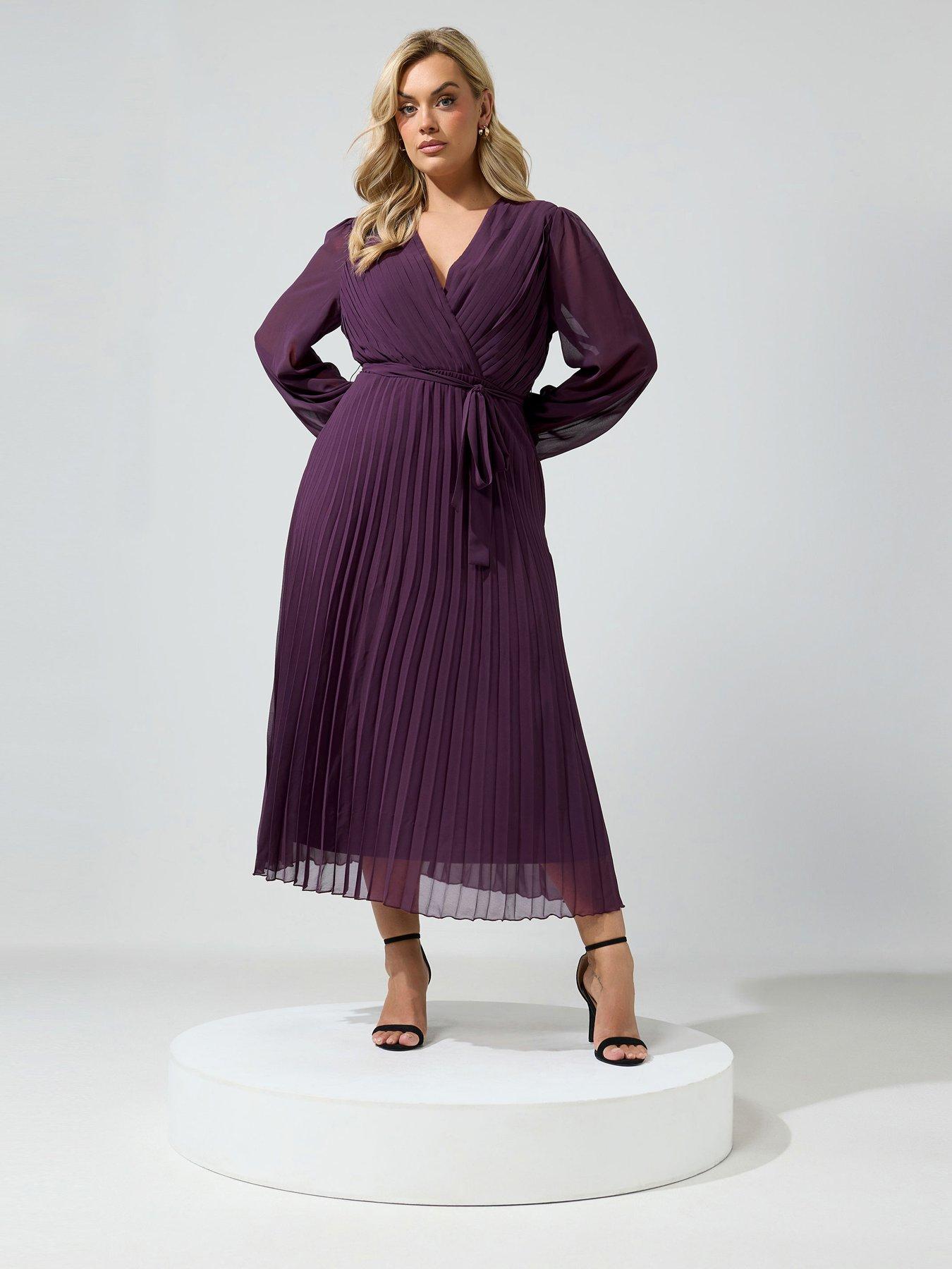Image 1 of 4 of Yours Curve Pleated Long Sleeve Dress - Purple