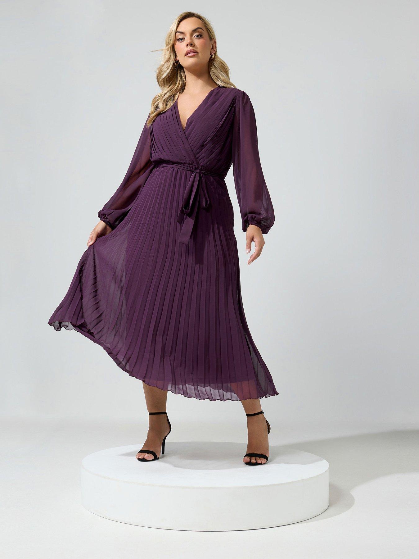 Image 3 of 4 of Yours Curve Pleated Long Sleeve Dress - Purple