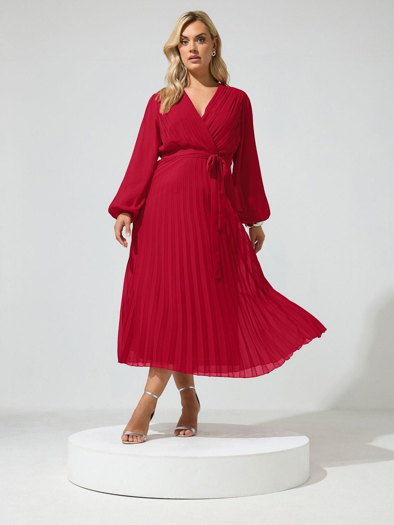 Image 1 of 4 of Yours Curve Pleated Long Sleeve Dress - Red