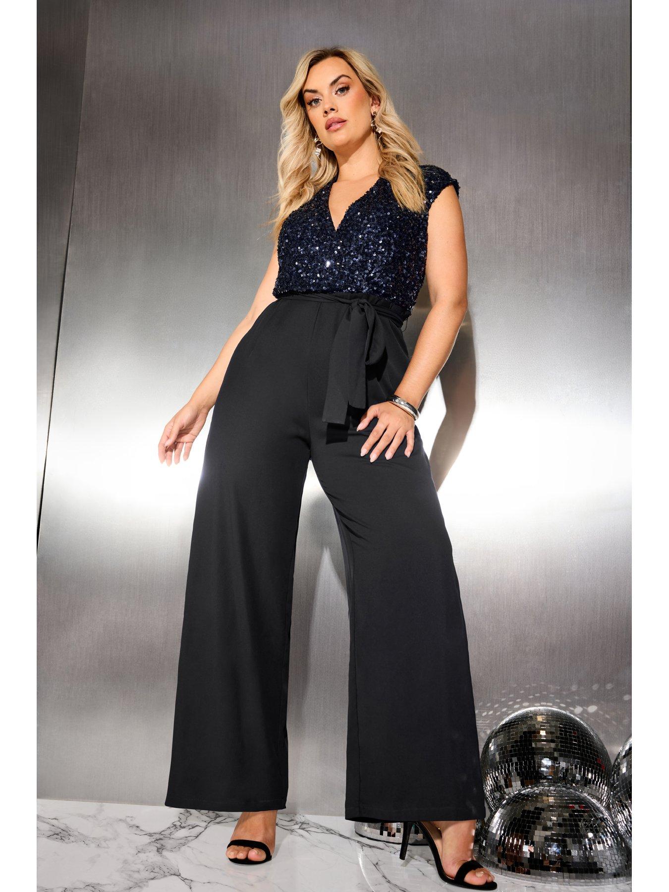 Image 1 of 4 of Yours Womens Curve Sequin V-Neck Tie Waist Jumpsuit - Blue