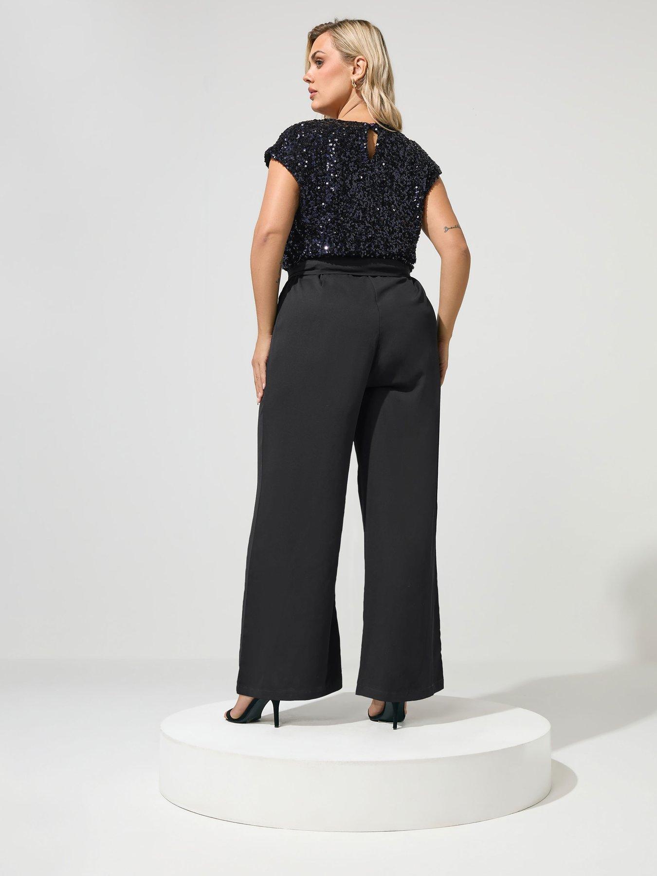 Image 2 of 4 of Yours Womens Curve Sequin V-Neck Tie Waist Jumpsuit - Blue
