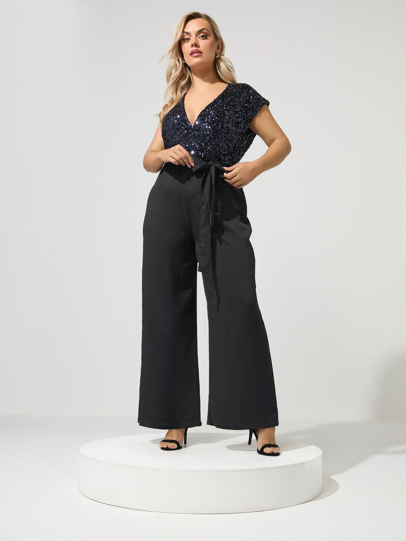Image 3 of 4 of Yours Womens Curve Sequin V-Neck Tie Waist Jumpsuit - Blue