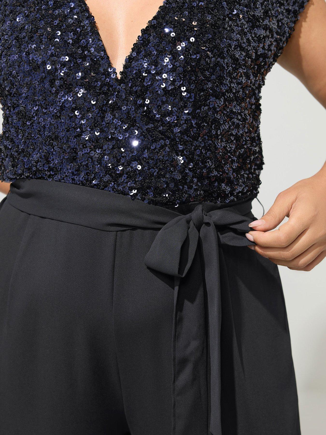 Image 4 of 4 of Yours Womens Curve Sequin V-Neck Tie Waist Jumpsuit - Blue