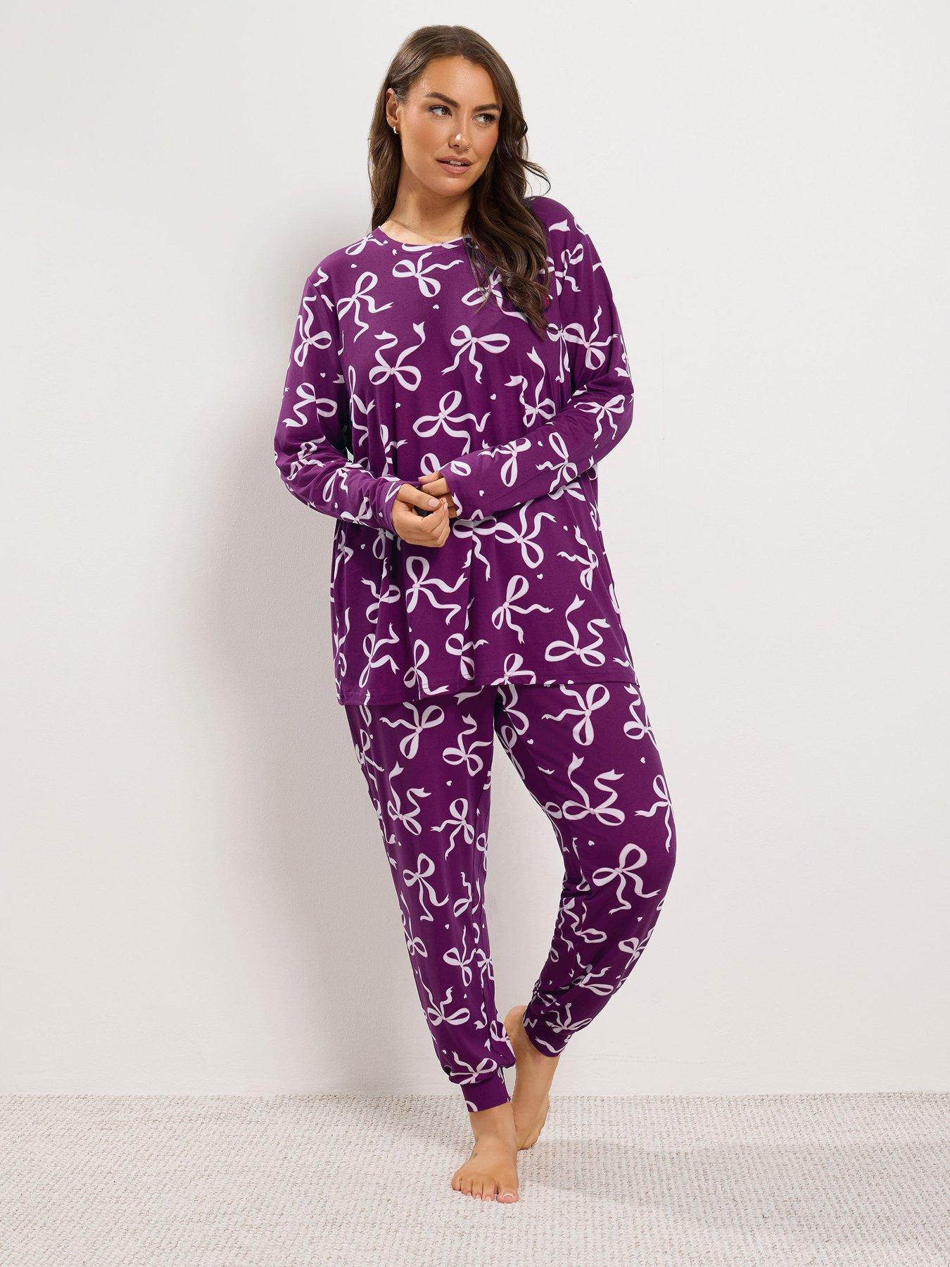 Image 1 of 4 of Yours Womens Curve Soft Touch Bow Print Pyjama Set - Red