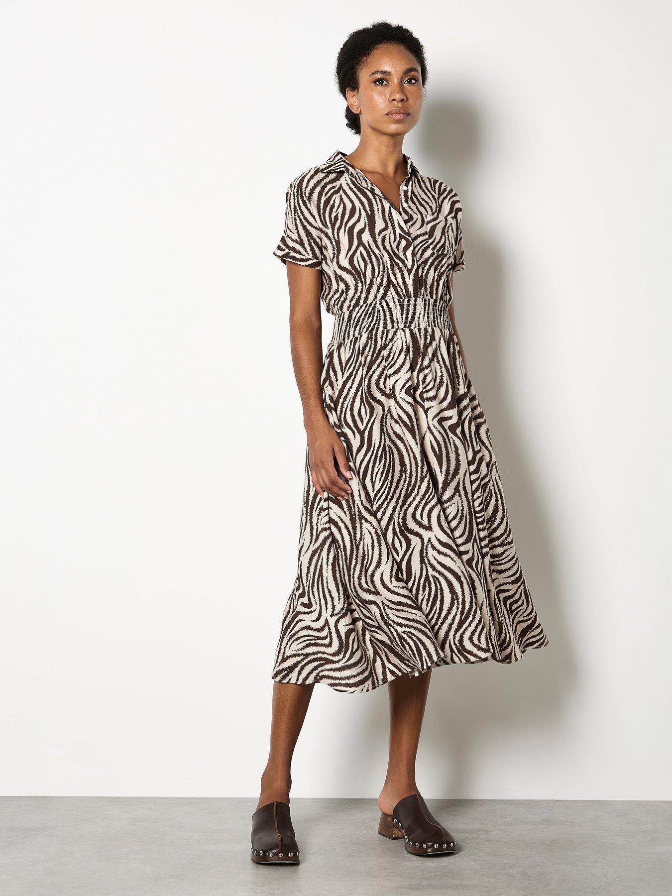 Image 1 of 4 of Apricot Ikat Zebra Midi Shirt Dress - Cream