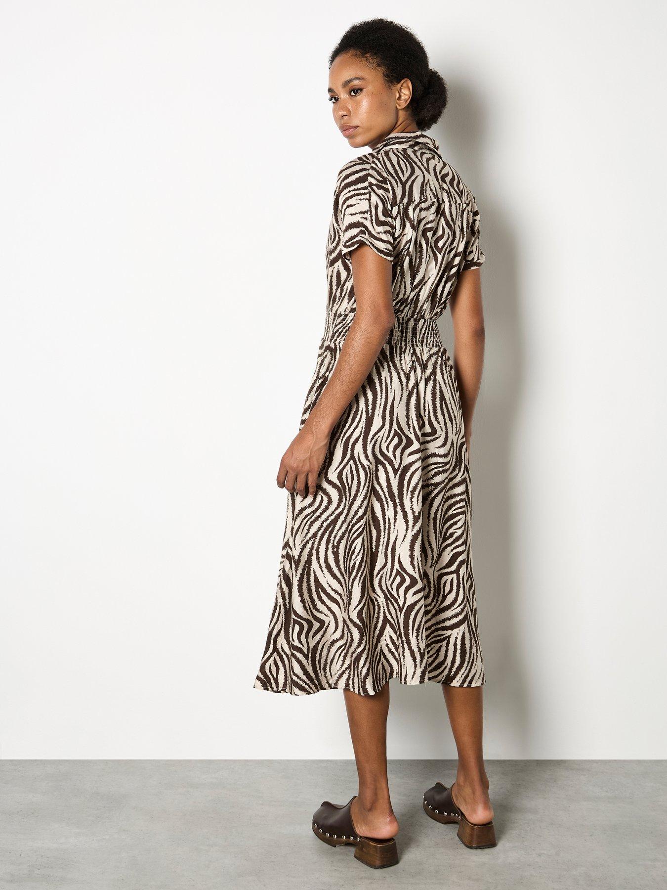 Image 2 of 4 of Apricot Ikat Zebra Midi Shirt Dress - Cream