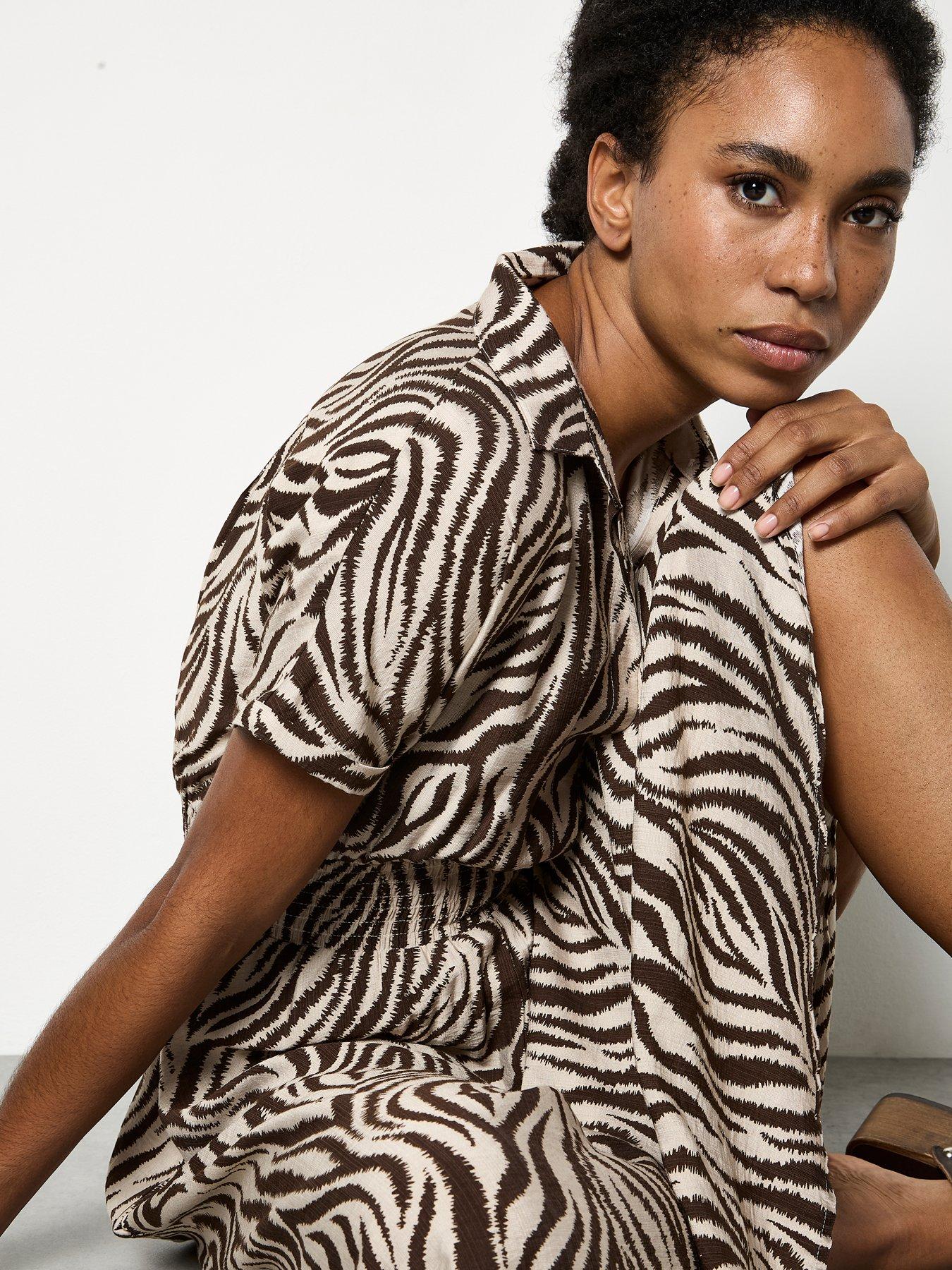 Image 3 of 4 of Apricot Ikat Zebra Midi Shirt Dress - Cream