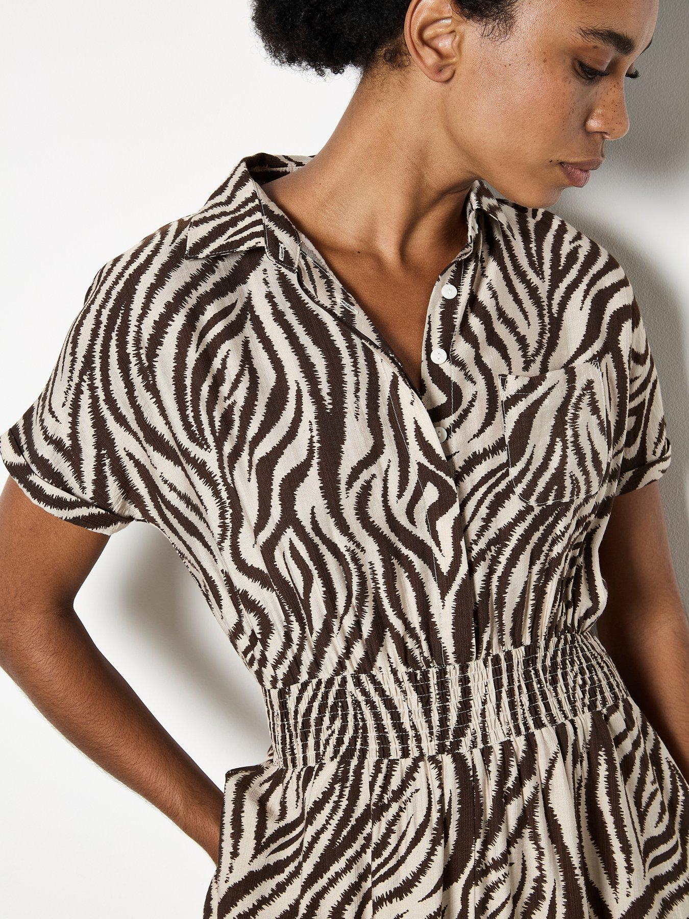 Image 4 of 4 of Apricot Ikat Zebra Midi Shirt Dress - Cream
