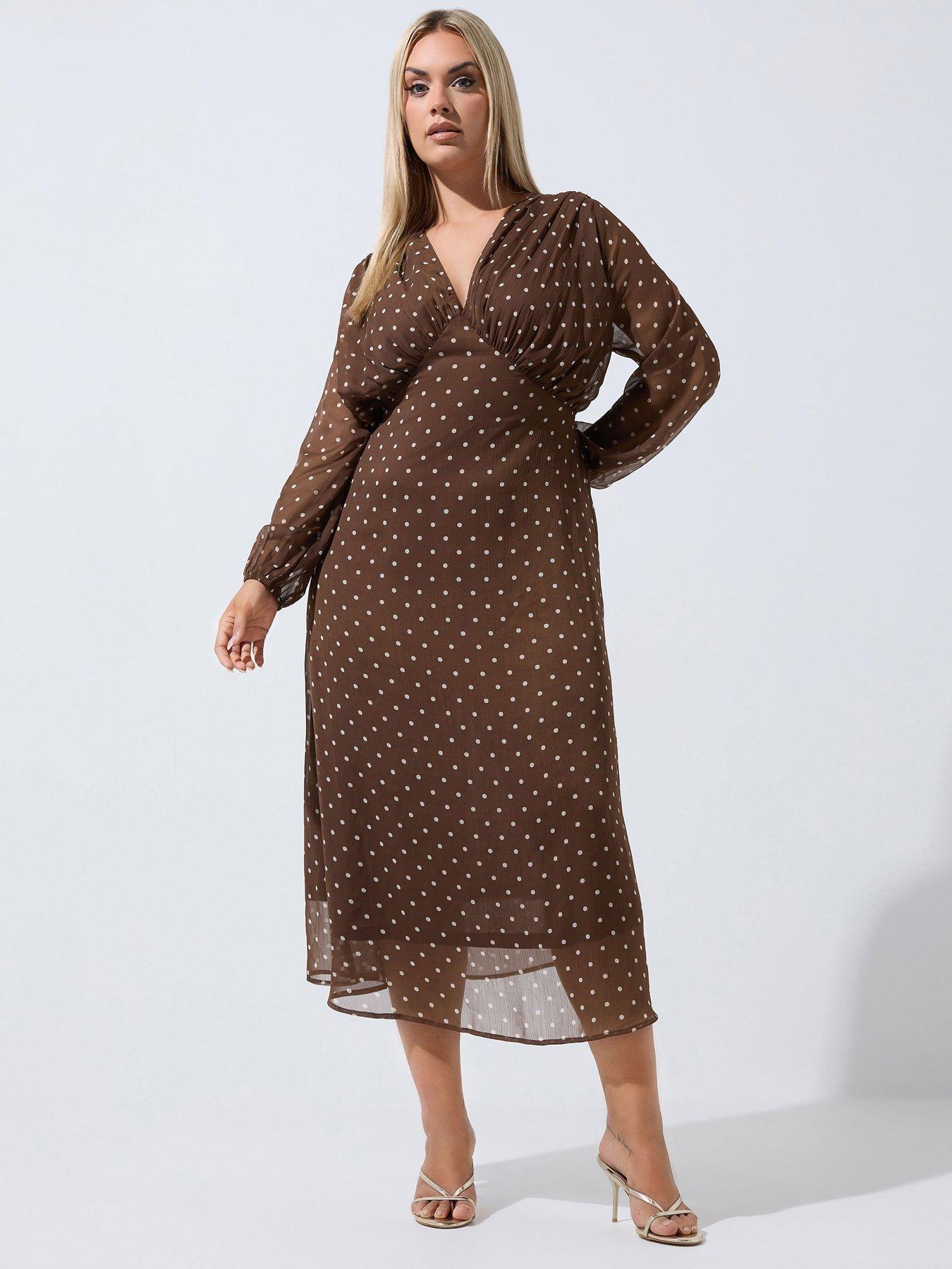 Image 1 of 4 of Yours Womens Curve Polka Dot Knot Fully Lined Dress - Brown