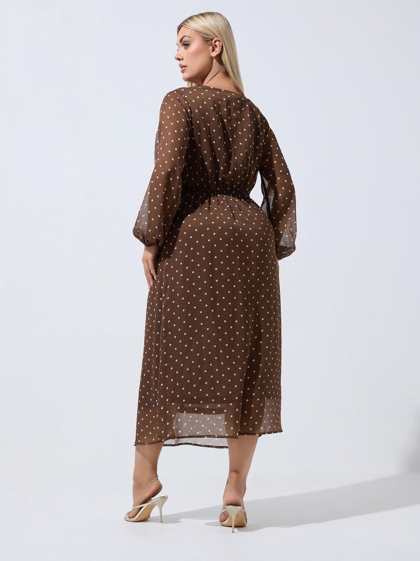 Image 2 of 4 of Yours Womens Curve Polka Dot Knot Fully Lined Dress - Brown