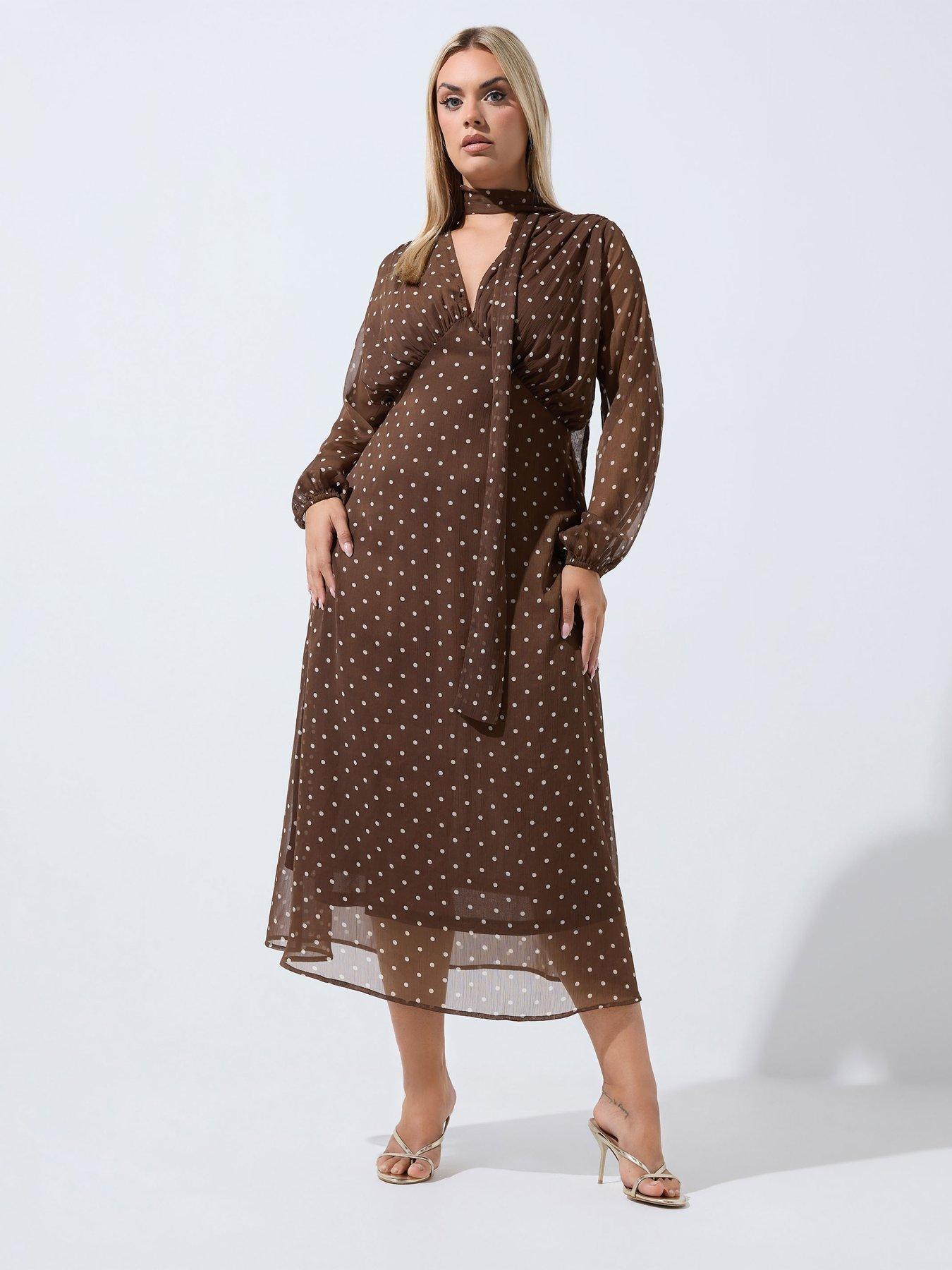 Image 3 of 4 of Yours Womens Curve Polka Dot Knot Fully Lined Dress - Brown