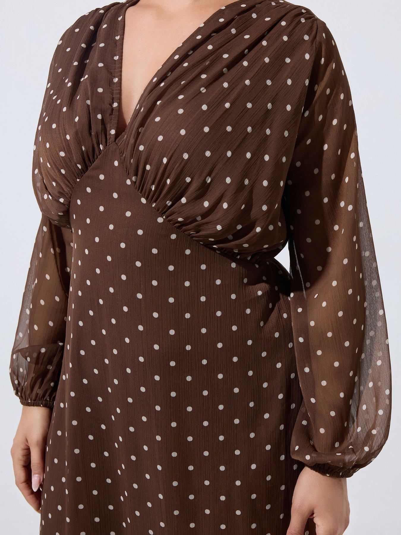 Image 4 of 4 of Yours Womens Curve Polka Dot Knot Fully Lined Dress - Brown