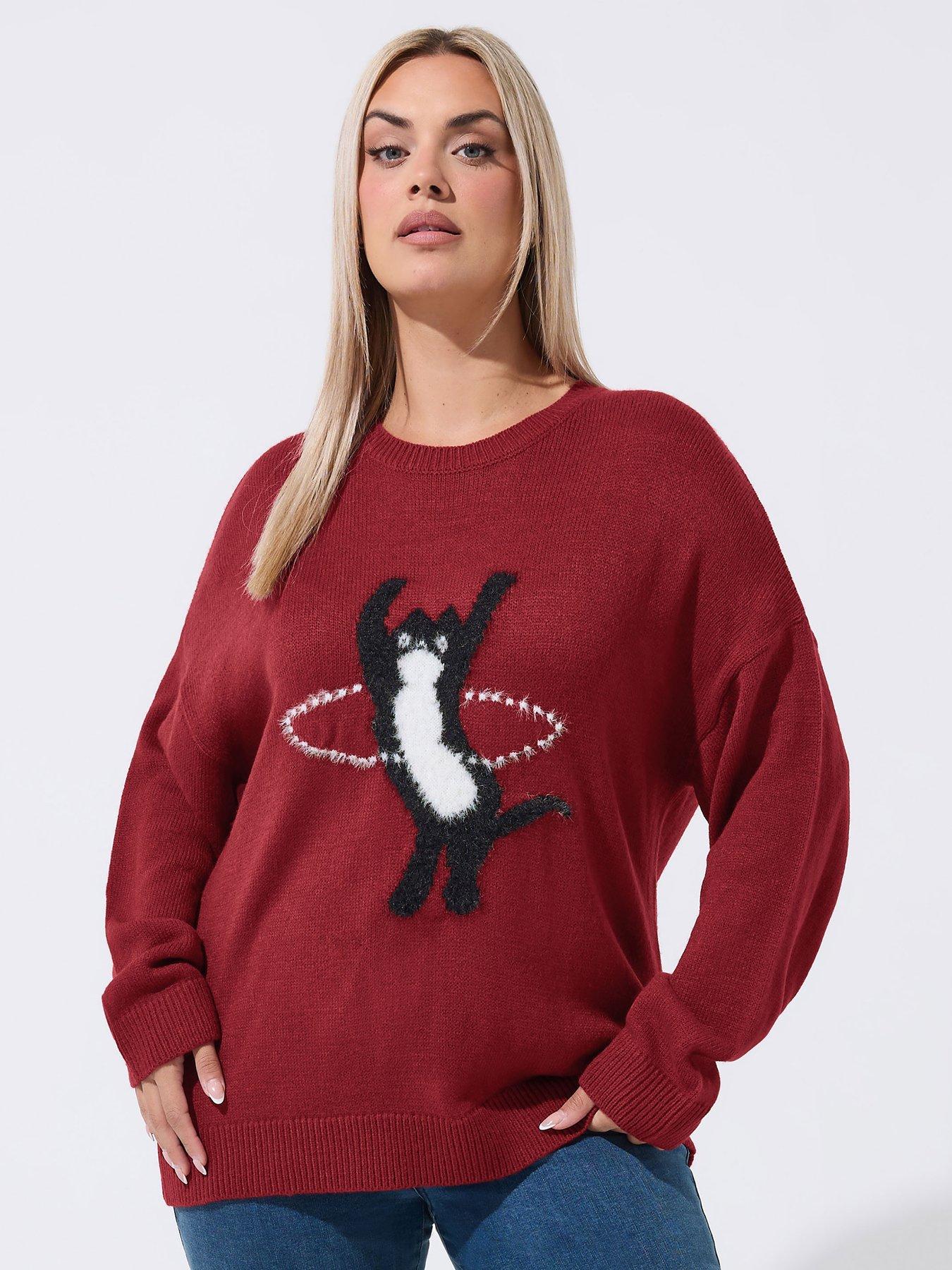 Yours Women's Curve Cat Motif Knitted Jumper - Red