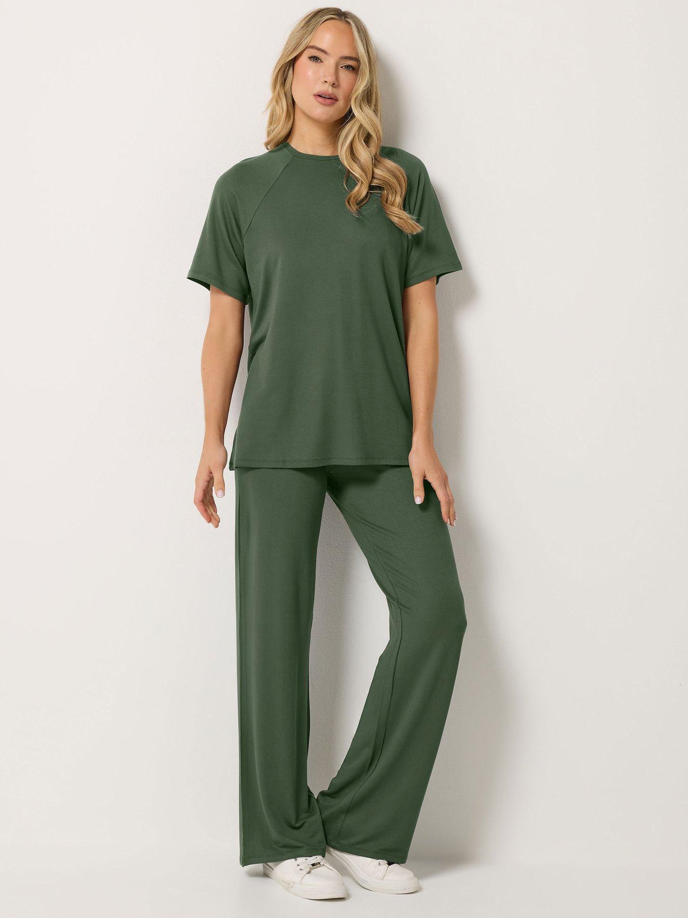 Image 1 of 4 of Long Tall Sally Long Tall Sally Womens Tall Raglan T-Shirt &amp; Wide Leg Trousers Set - Green
