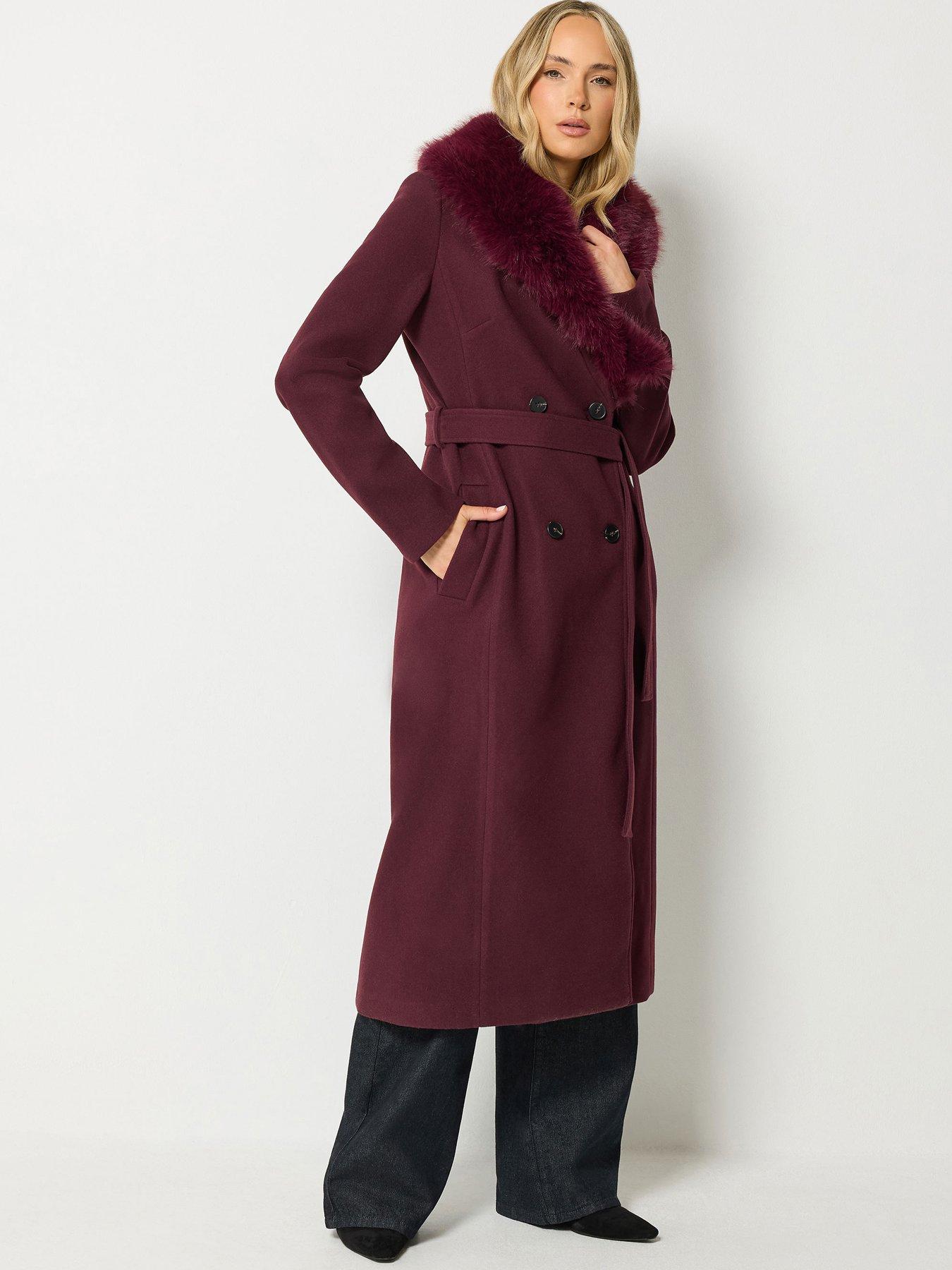 Long Tall Sally Faux Fur Collar Midi Coat - Red