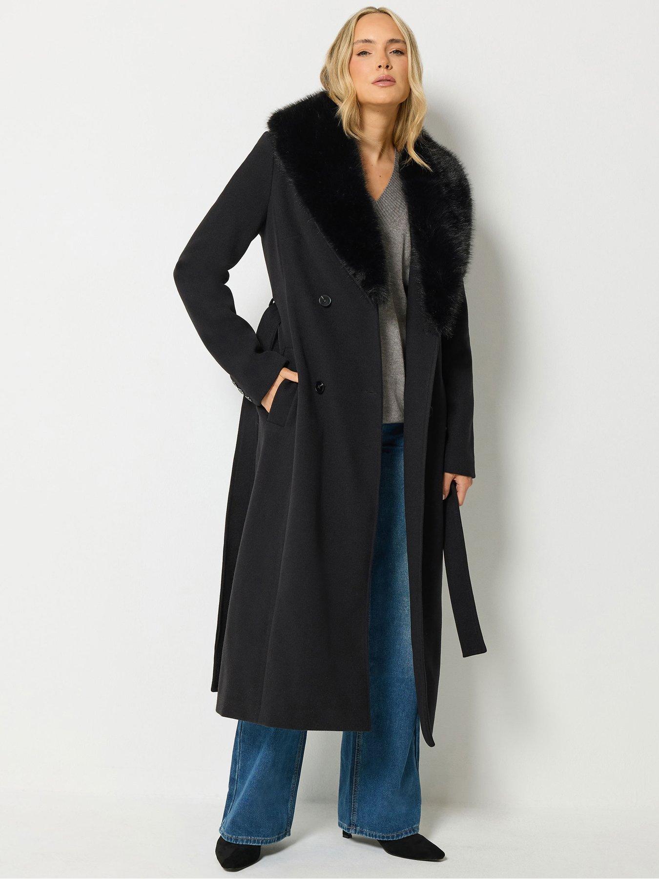 Long Tall Sally Faux Fur Collar Midi Coat - Black