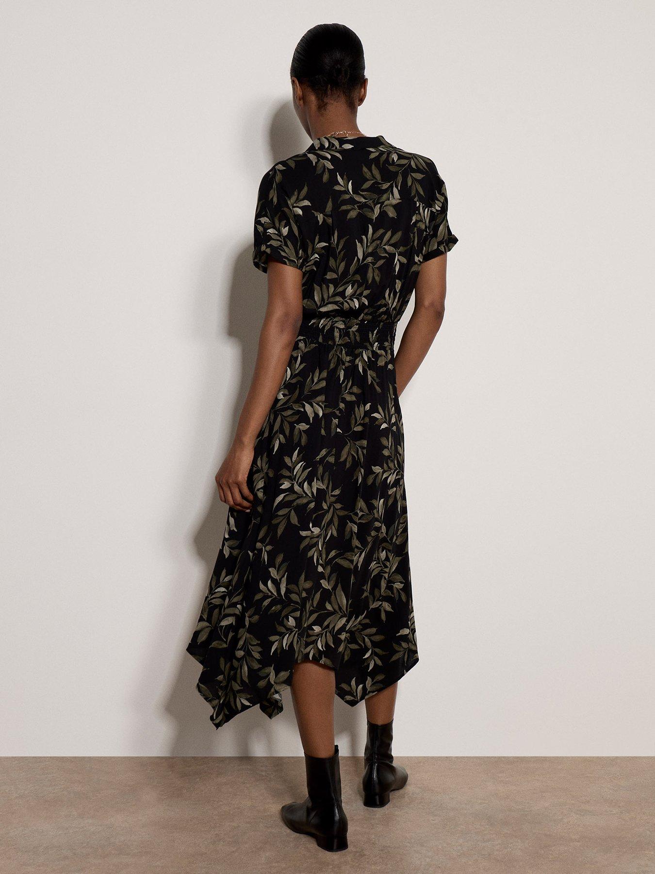 Image 2 of 4 of Apricot Painterly Leaf Hanky Hem Midi Dress - Black