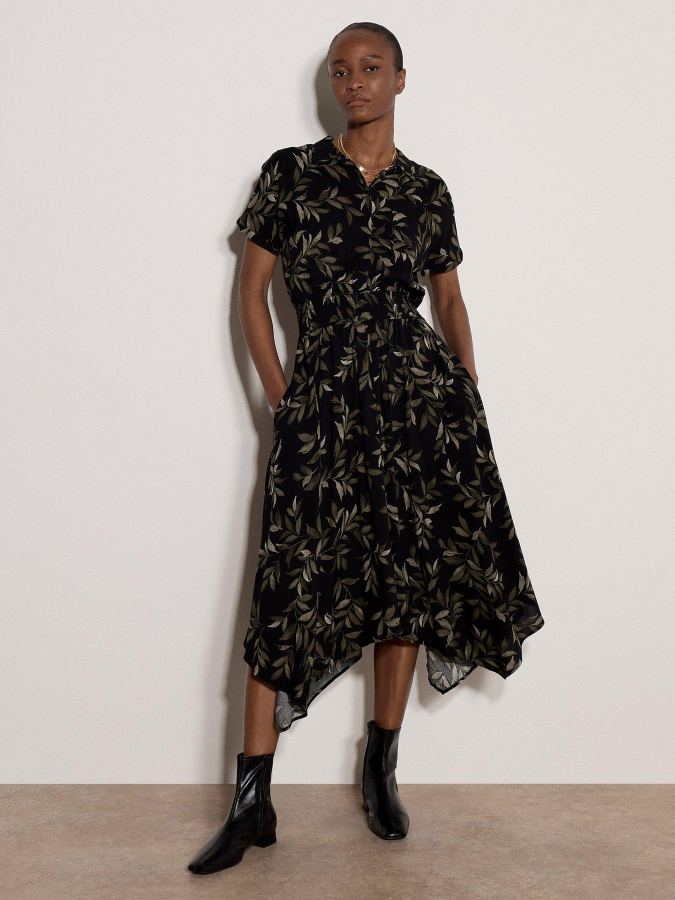 Image 3 of 4 of Apricot Painterly Leaf Hanky Hem Midi Dress - Black