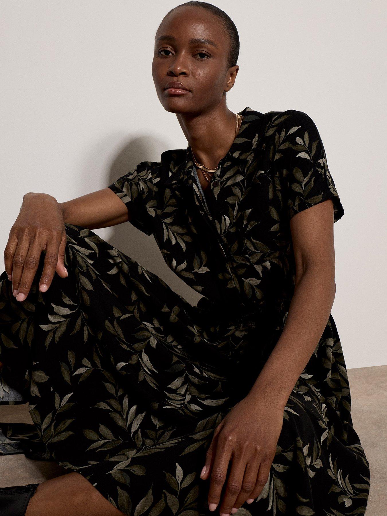 Image 4 of 4 of Apricot Painterly Leaf Hanky Hem Midi Dress - Black