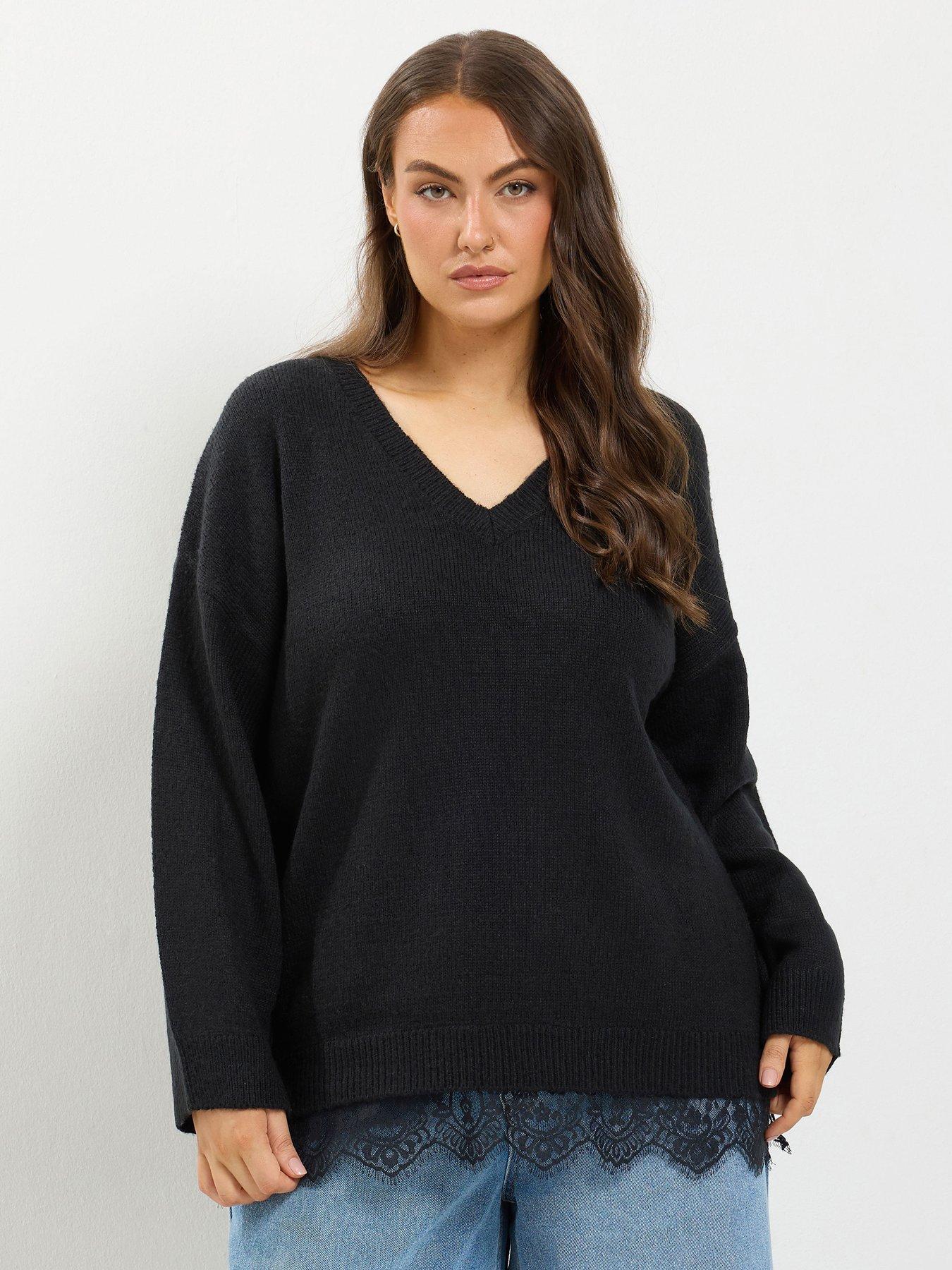 Image 1 of 4 of Yours Curve Lace Hem V Neck Jumper - Black