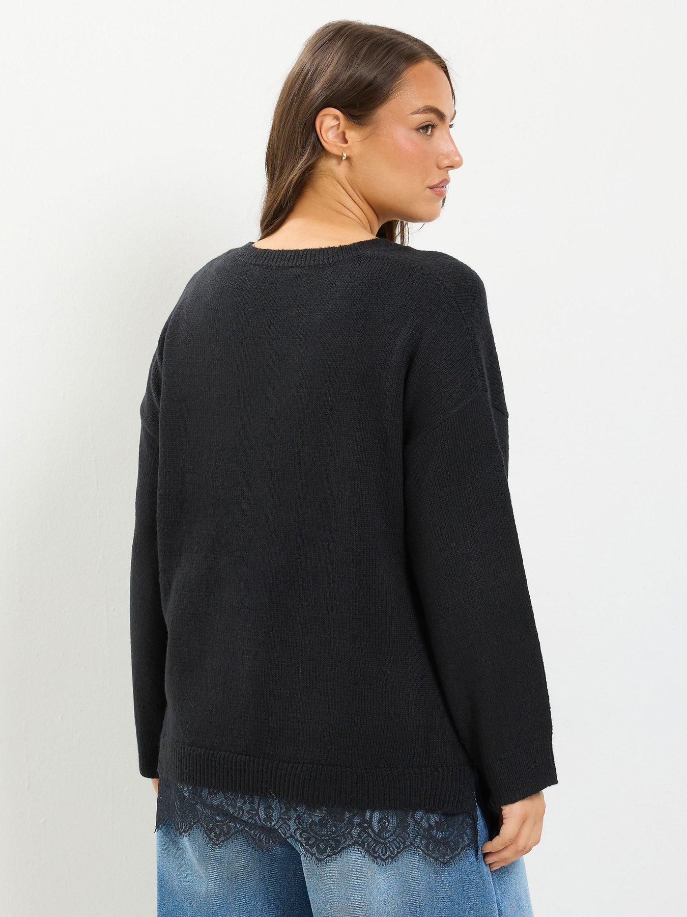 Image 2 of 4 of Yours Curve Lace Hem V Neck Jumper - Black