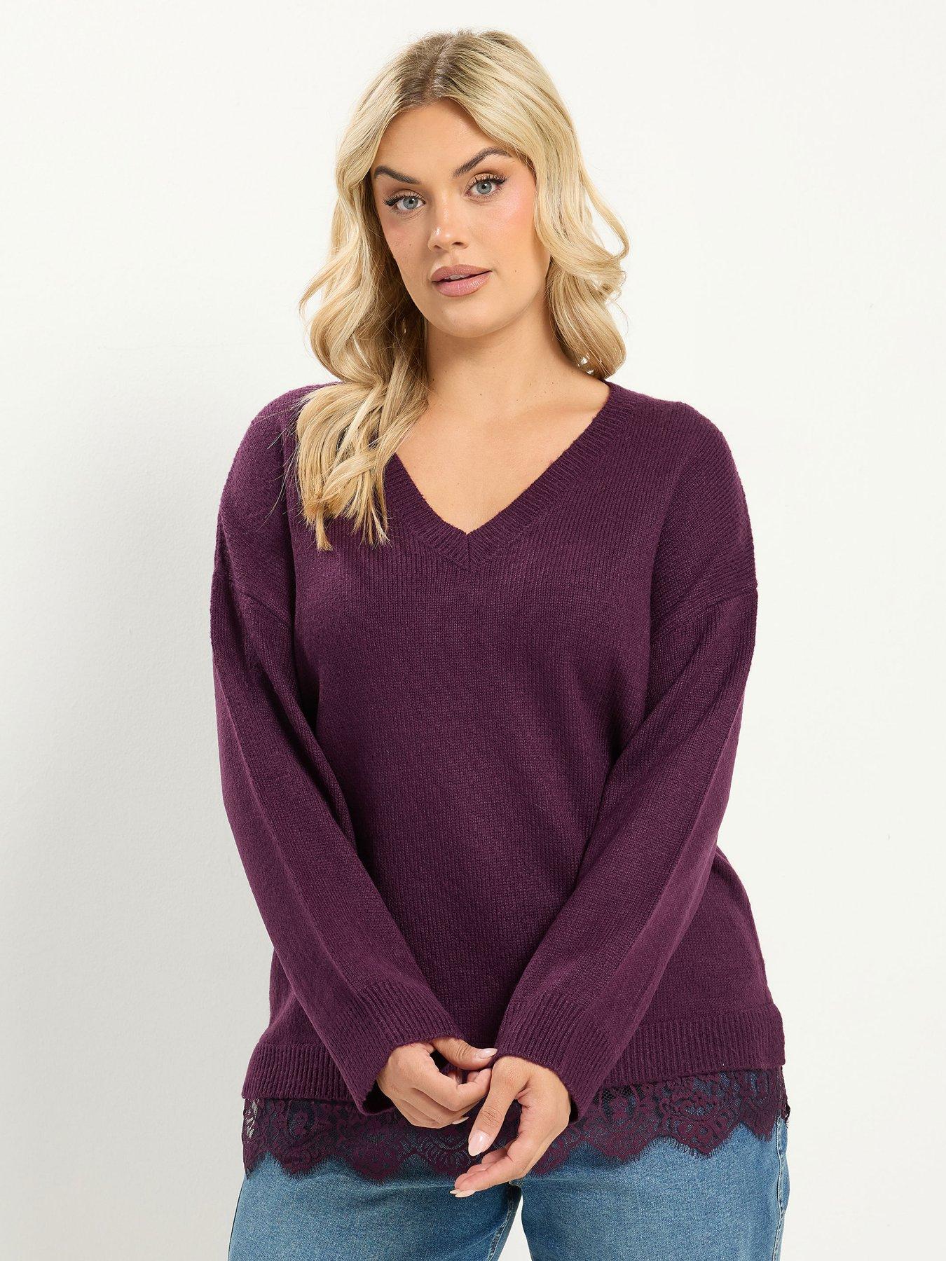 Image 1 of 4 of Yours Womens Curve Lace Hem V Neck Jumper - Purple