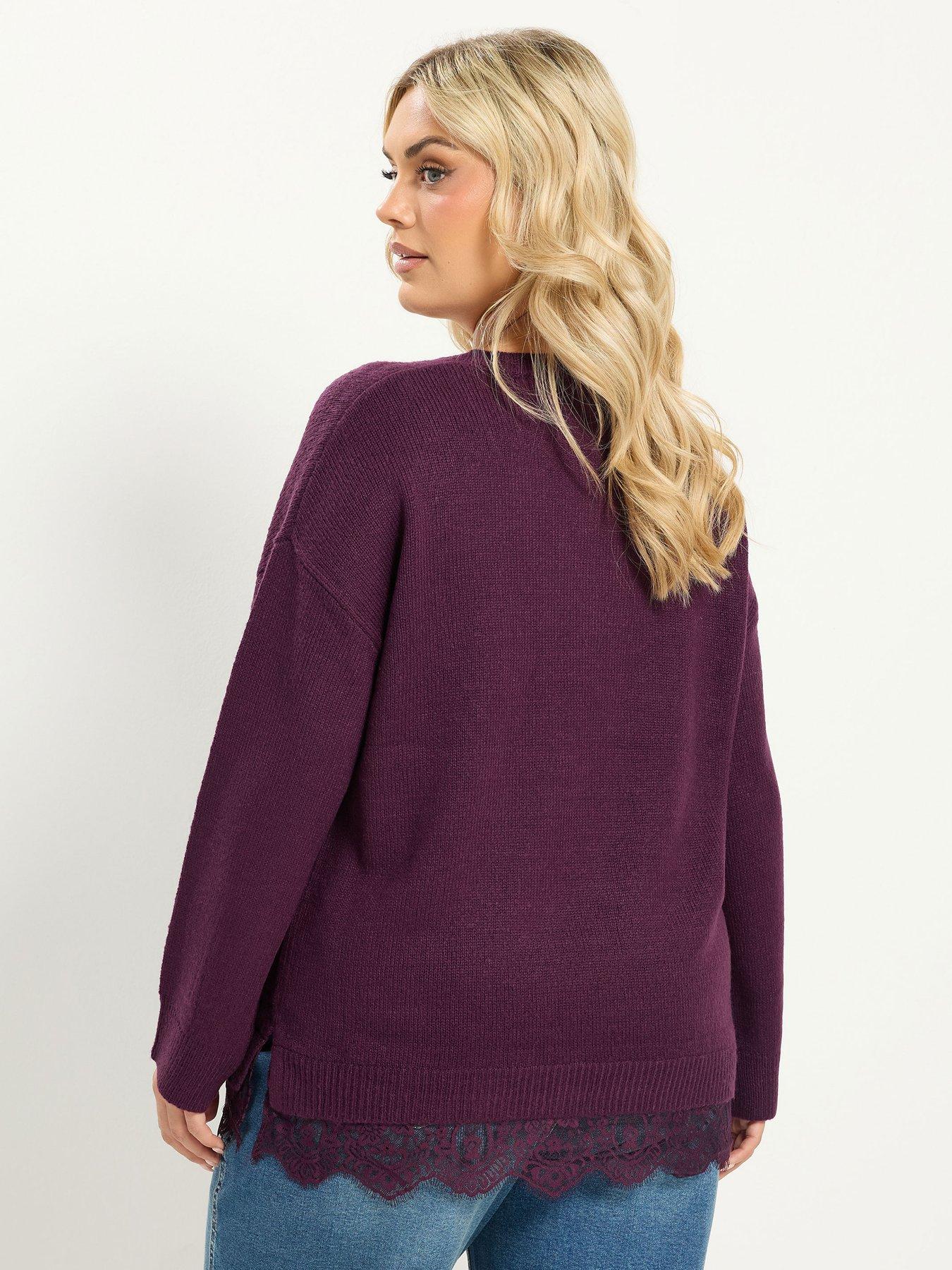 Image 2 of 4 of Yours Womens Curve Lace Hem V Neck Jumper - Purple