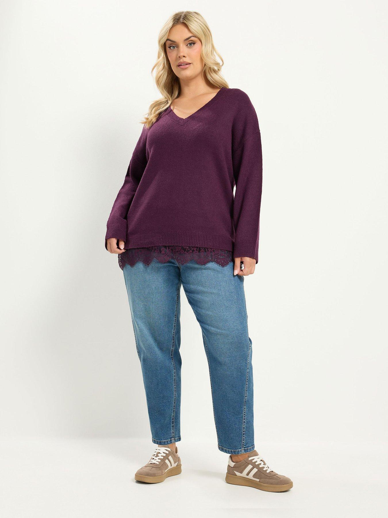 Image 3 of 4 of Yours Womens Curve Lace Hem V Neck Jumper - Purple