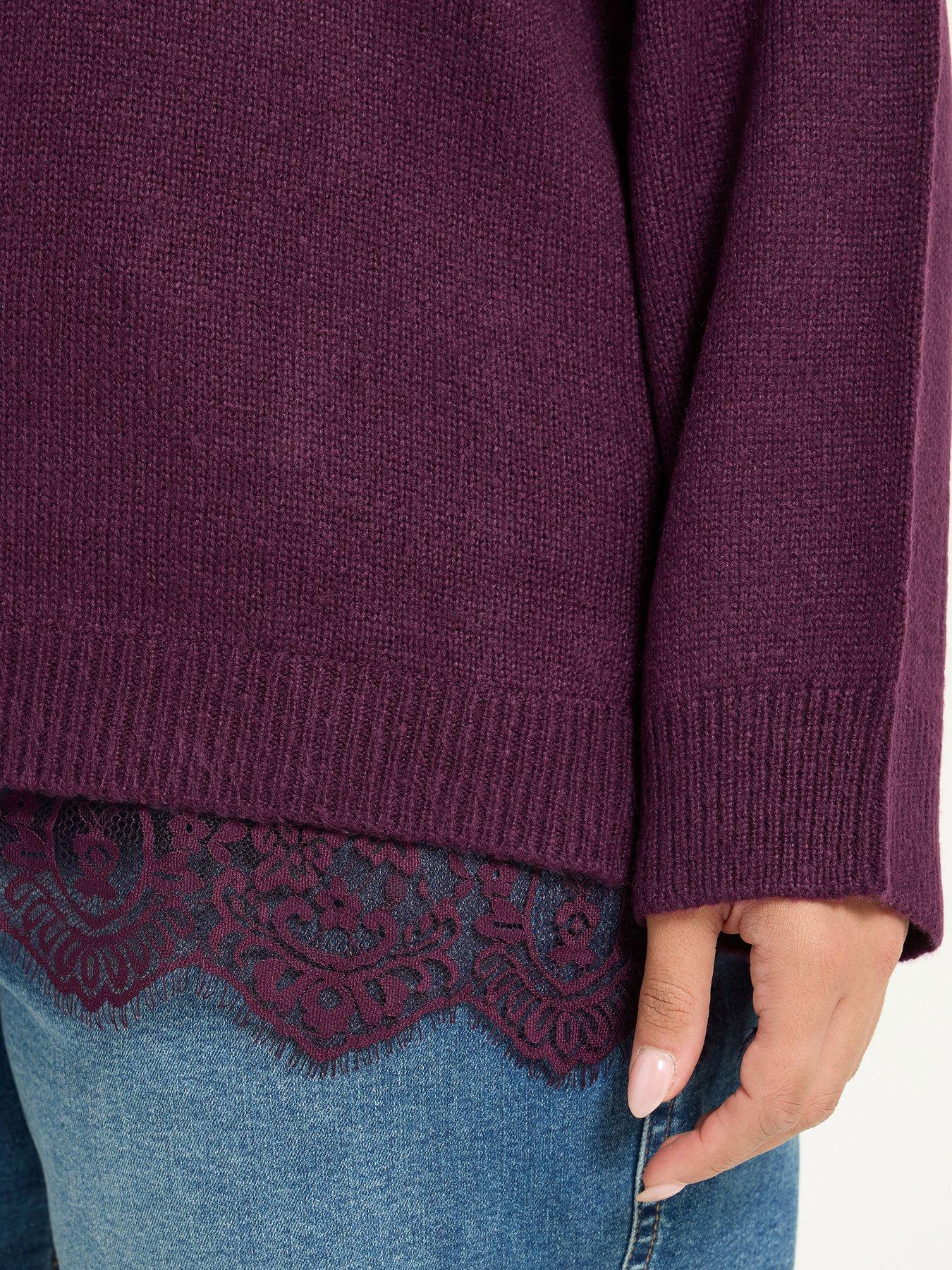 Image 4 of 4 of Yours Womens Curve Lace Hem V Neck Jumper - Purple