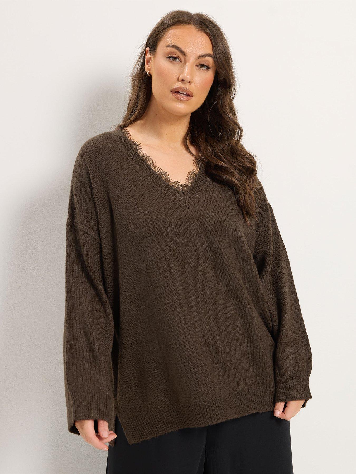 Image 1 of 4 of Yours Womens Curve Lace Trim V Neck Jumper - Brown