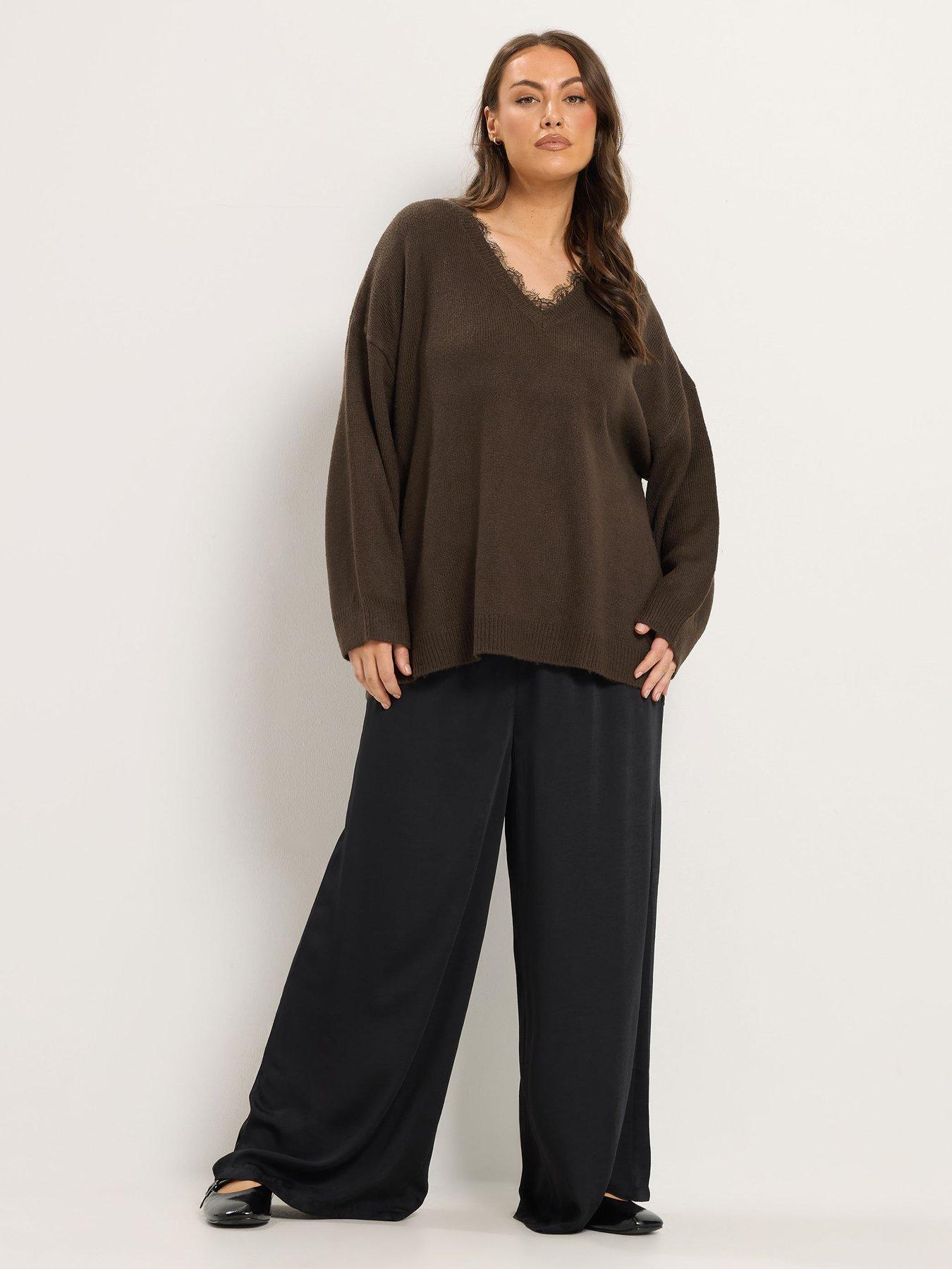 Image 3 of 4 of Yours Womens Curve Lace Trim V Neck Jumper - Brown