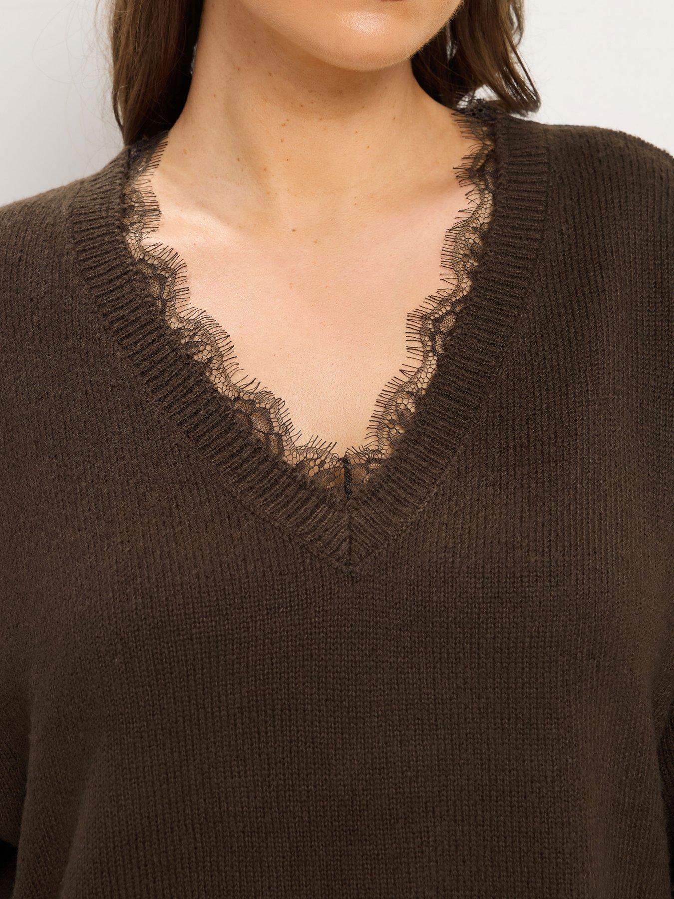 Image 4 of 4 of Yours Womens Curve Lace Trim V Neck Jumper - Brown