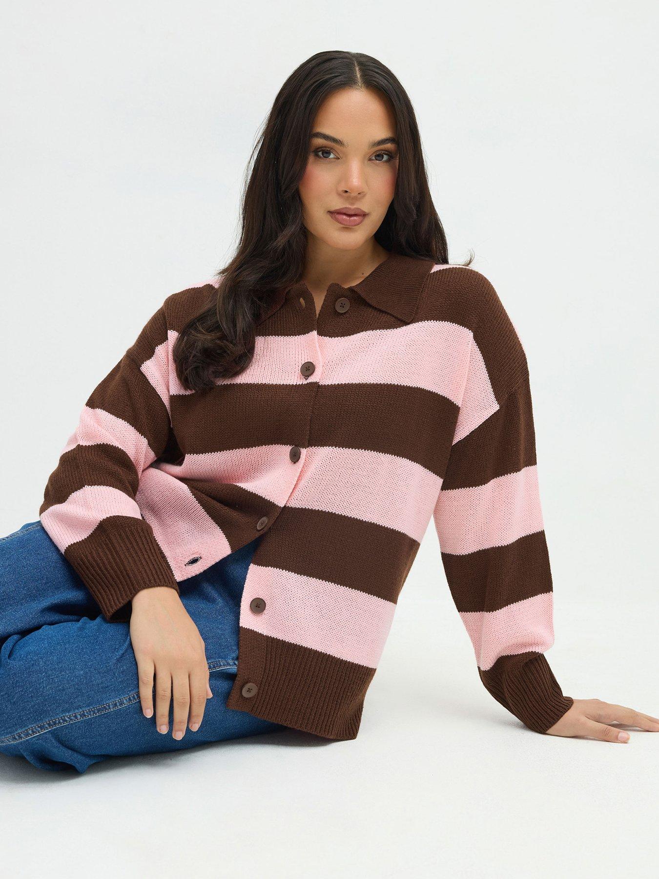Yours Curve Stripe Collar Cardigan - Brown