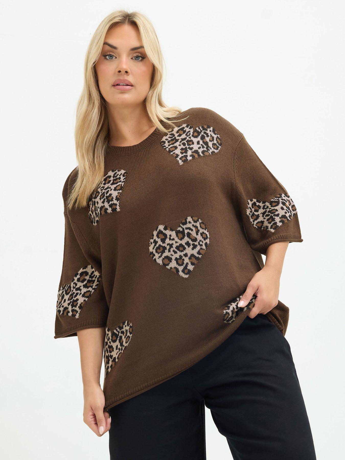 Image 1 of 4 of Yours Curve Heart Leopard Boxy Top - Brown