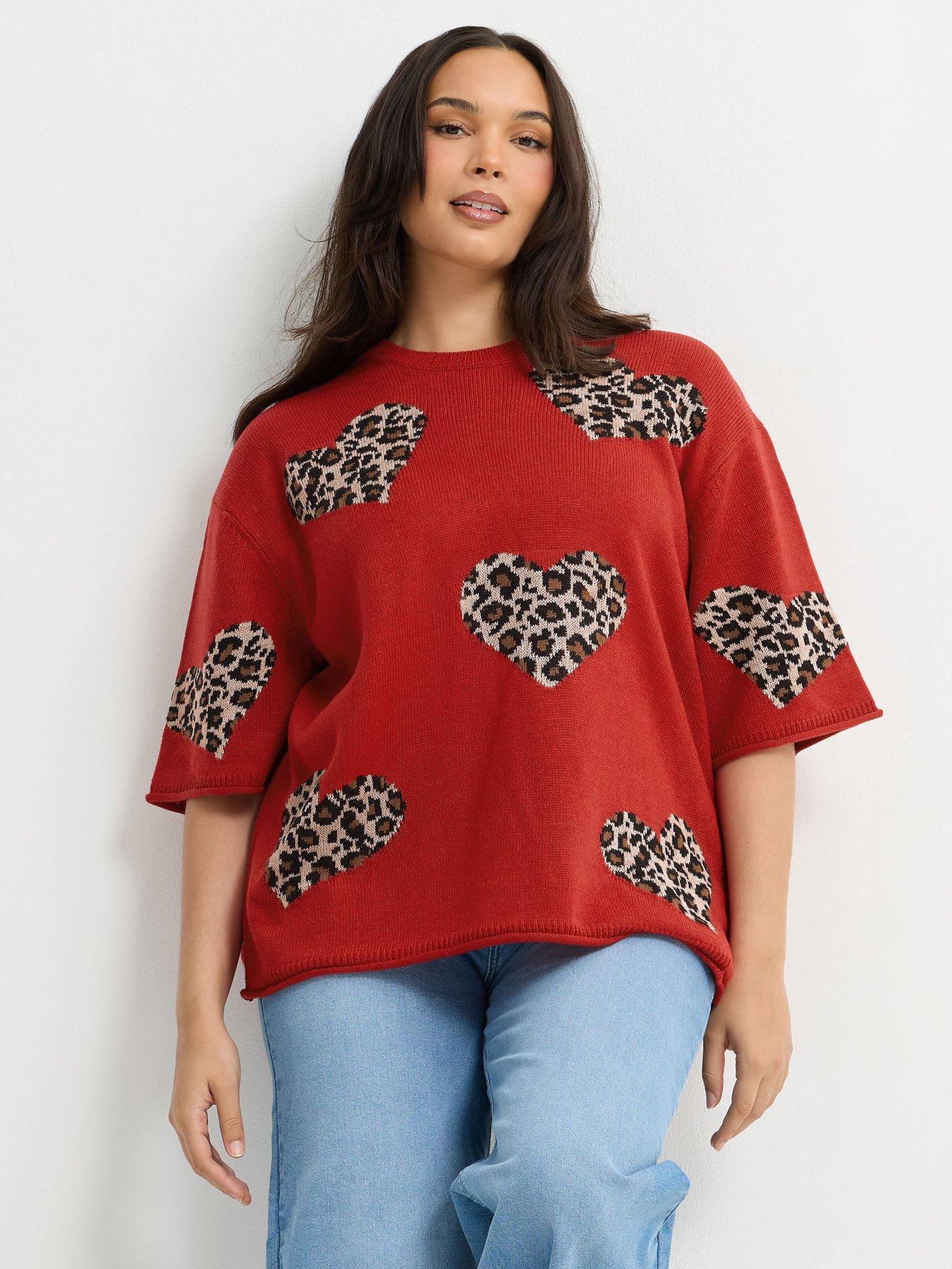 Image 1 of 4 of Yours Women's Curve Leopard Heart Boxy Knit Top - Red