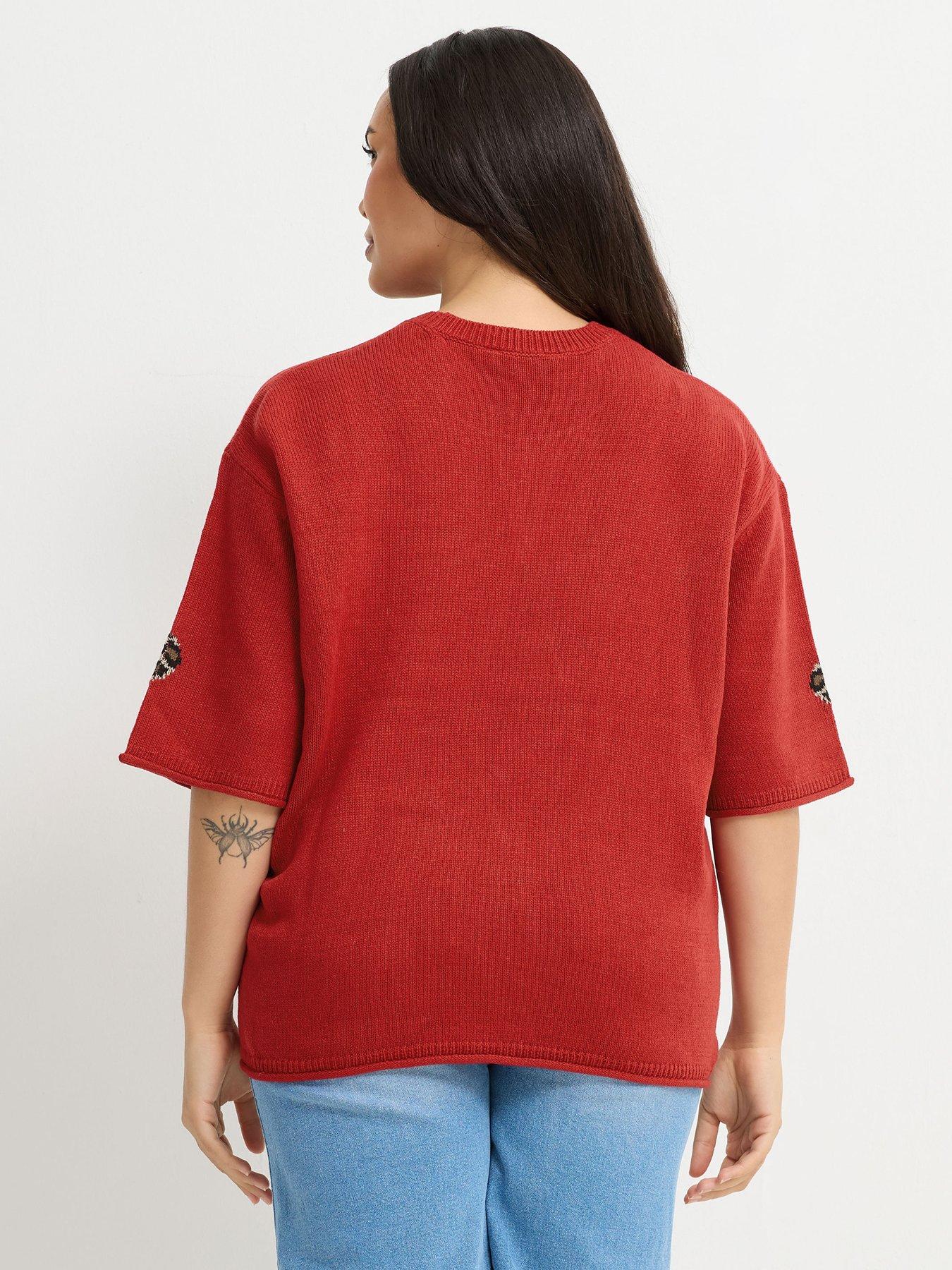 Image 2 of 4 of Yours Women's Curve Leopard Heart Boxy Knit Top - Red
